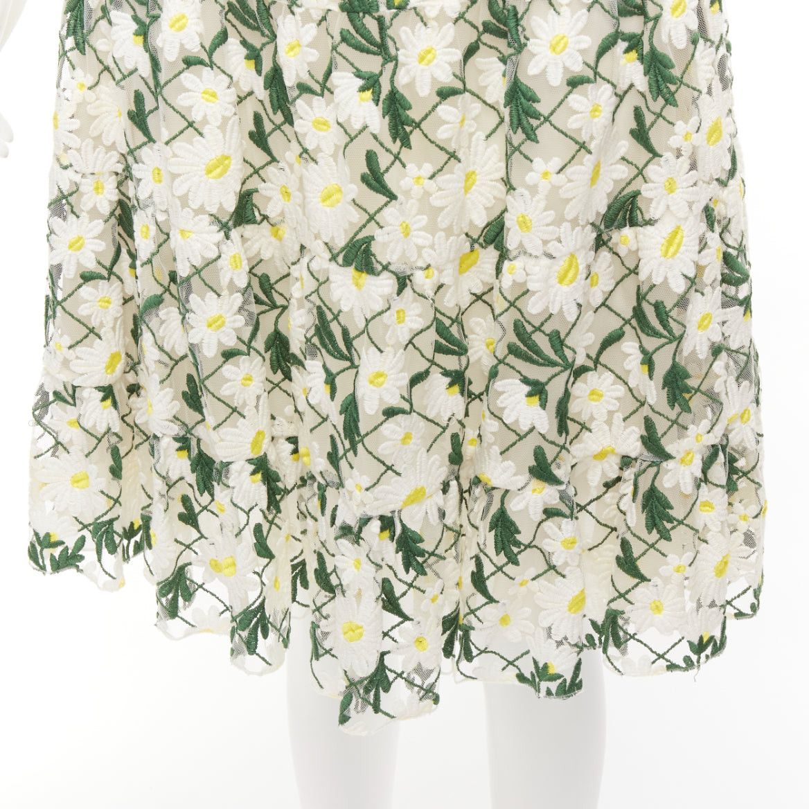 Giambattista Valli GIAMBATTISTA VALLI white green embroidered daisy cotton blend midi skirt IT38 XS Size 26" / US 2 / IT 38 - 7 Thumbnail