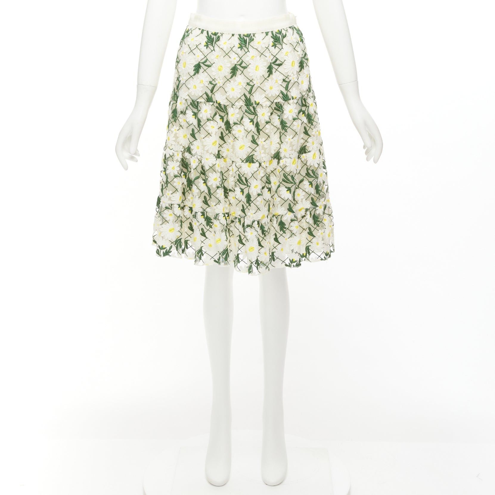 Giambattista Valli GIAMBATTISTA VALLI white green embroidered daisy cotton blend midi skirt IT38 XS Size 26" / US 2 / IT 38 - 9 Thumbnail