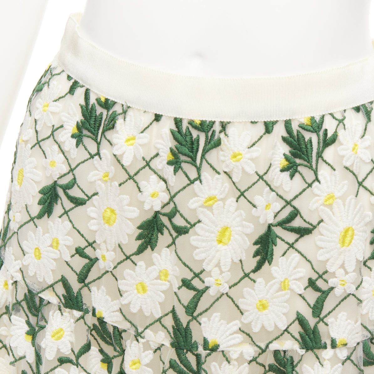 Giambattista Valli GIAMBATTISTA VALLI white green embroidered daisy cotton blend midi skirt IT38 XS Size 26" / US 2 / IT 38 - 2 Thumbnail