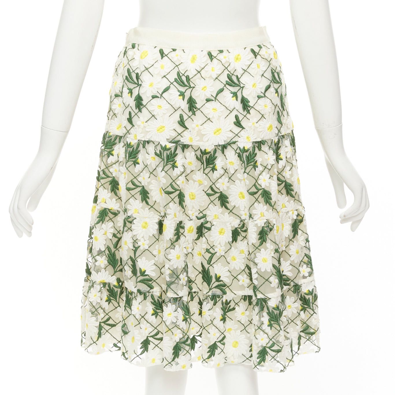 Giambattista Valli GIAMBATTISTA VALLI white green embroidered daisy cotton blend midi skirt IT38 XS Size 26" / US 2 / IT 38 - 5 Thumbnail