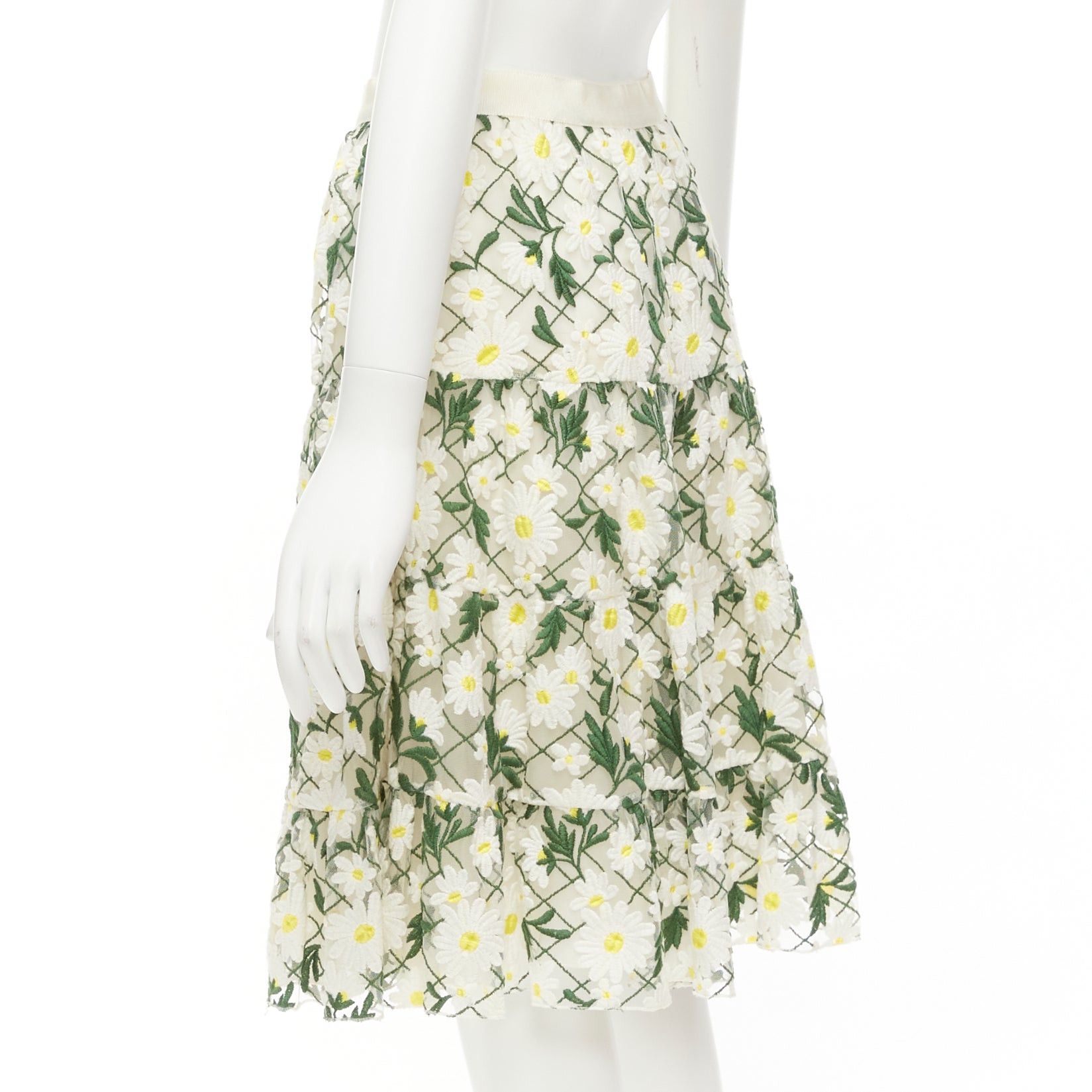 Giambattista Valli GIAMBATTISTA VALLI white green embroidered daisy cotton blend midi skirt IT38 XS Size 26" / US 2 / IT 38 - 6 Thumbnail