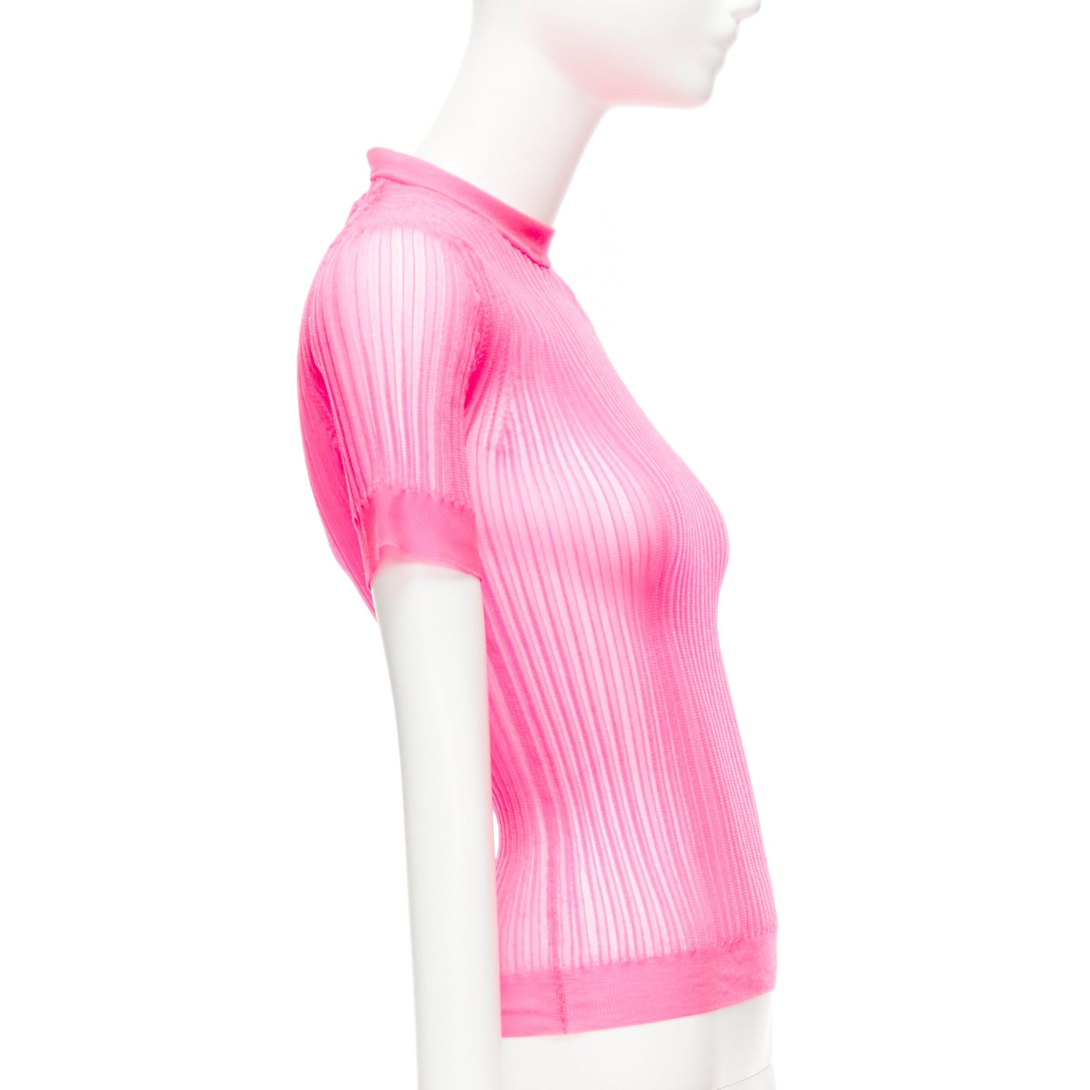 Cecilie Bahnsen CECILIE BAHNSEN Fabienne neon pink ribber sheer crew flare sleeve top XS Size XS / US 0-2 / IT 36-38 - 4 Thumbnail