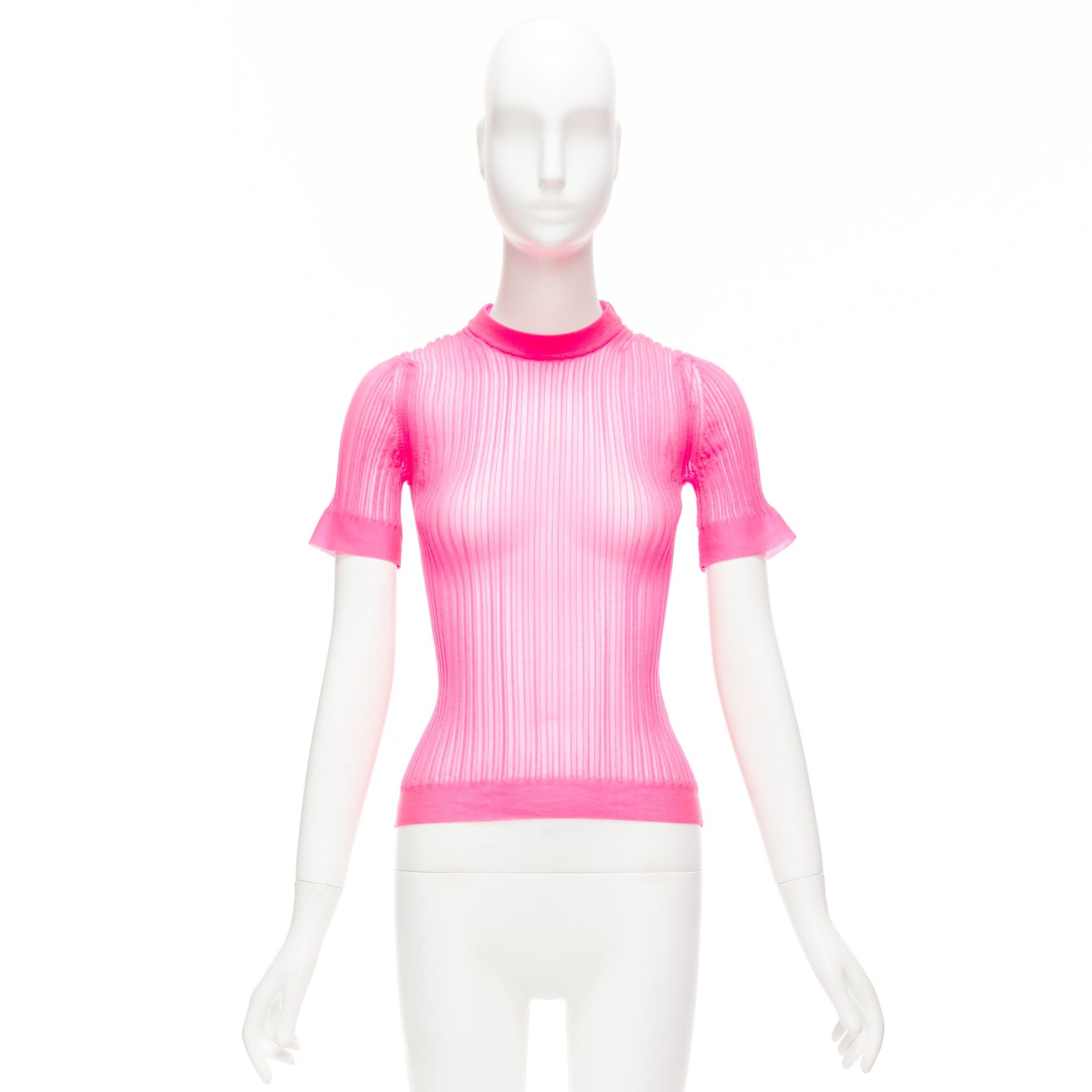 Cecilie Bahnsen CECILIE BAHNSEN Fabienne neon pink ribber sheer crew flare sleeve top XS Size XS / US 0-2 / IT 36-38 - 9 Thumbnail