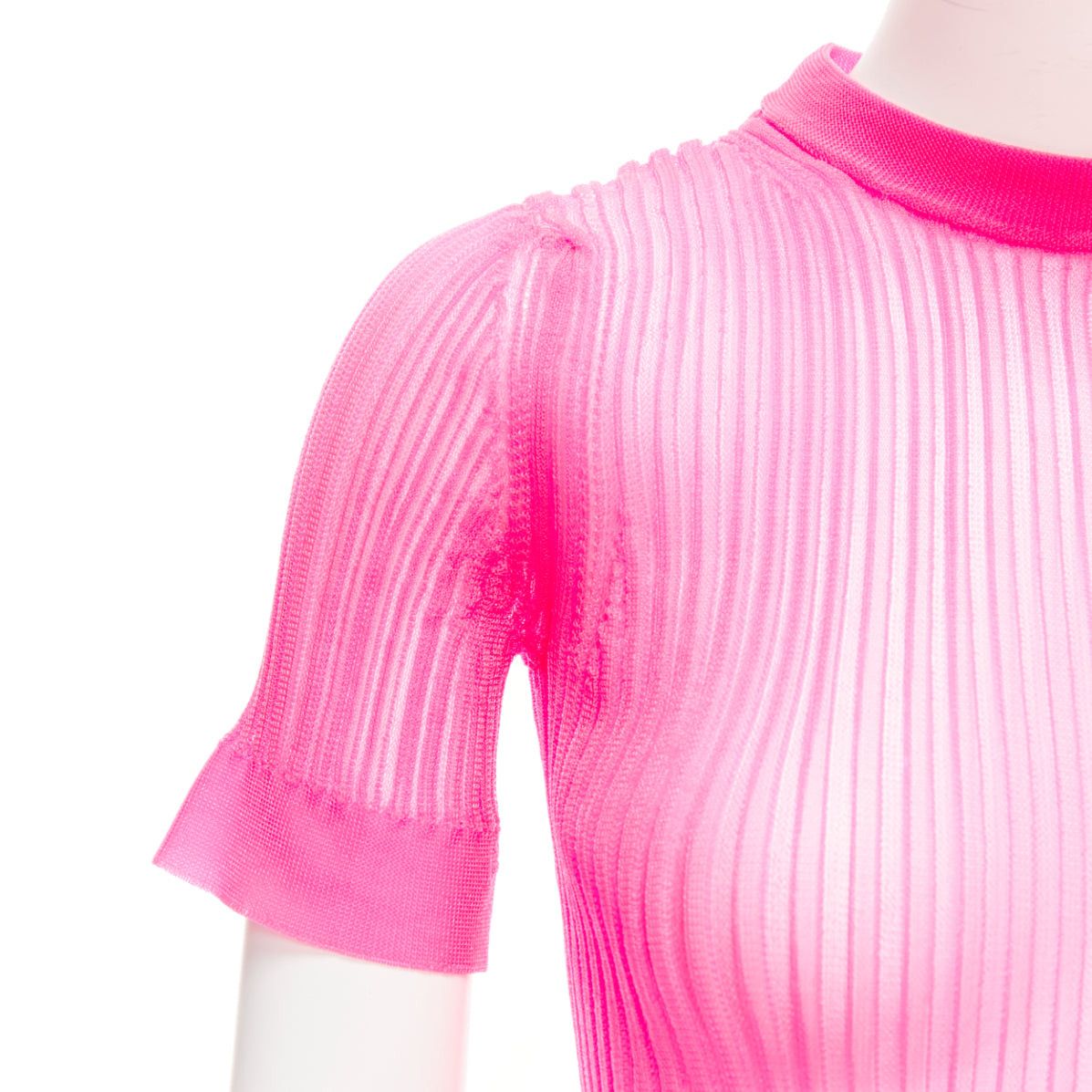 Cecilie Bahnsen CECILIE BAHNSEN Fabienne neon pink ribber sheer crew flare sleeve top XS Size XS / US 0-2 / IT 36-38 - 2 Thumbnail