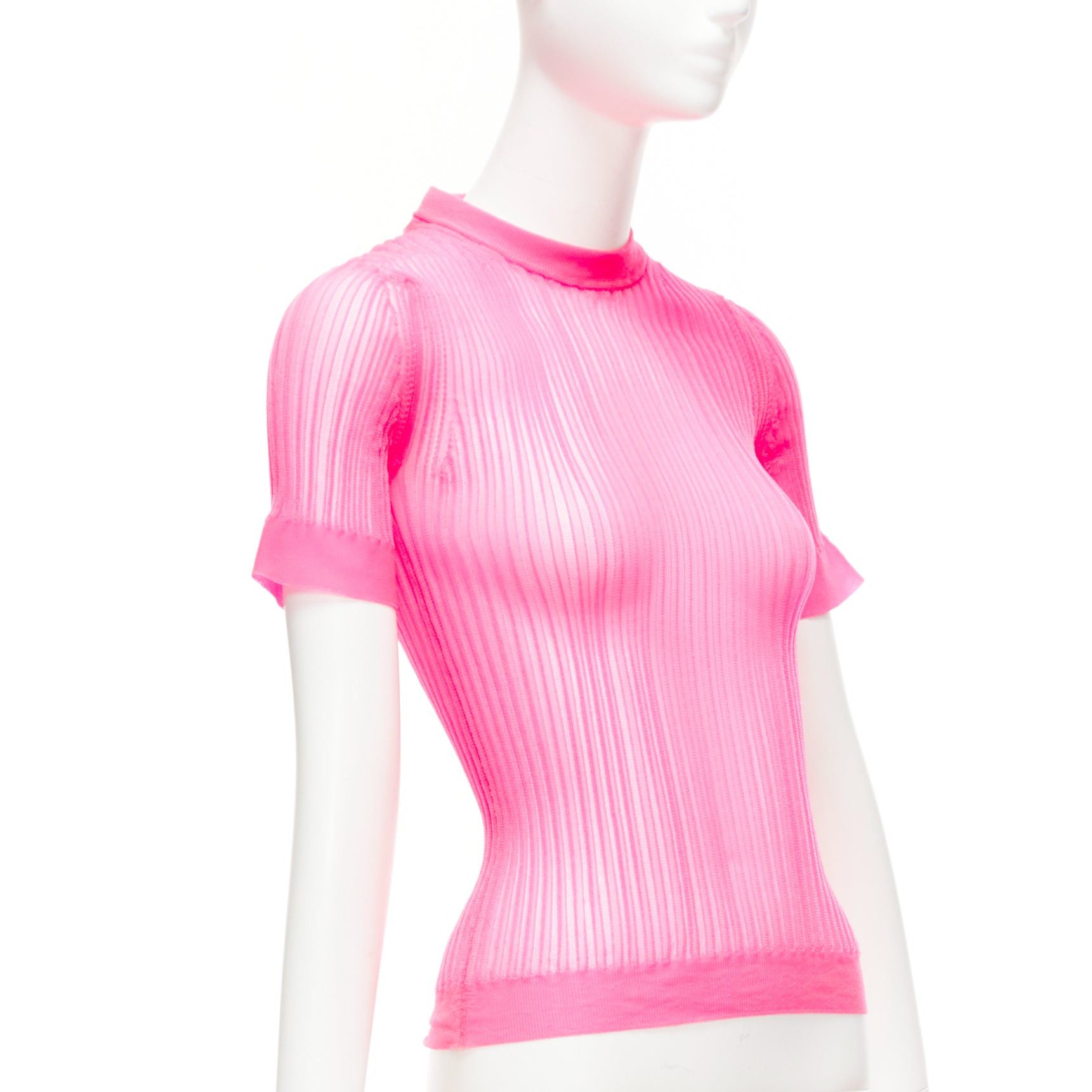Cecilie Bahnsen CECILIE BAHNSEN Fabienne neon pink ribber sheer crew flare sleeve top XS Size XS / US 0-2 / IT 36-38 - 3 Thumbnail