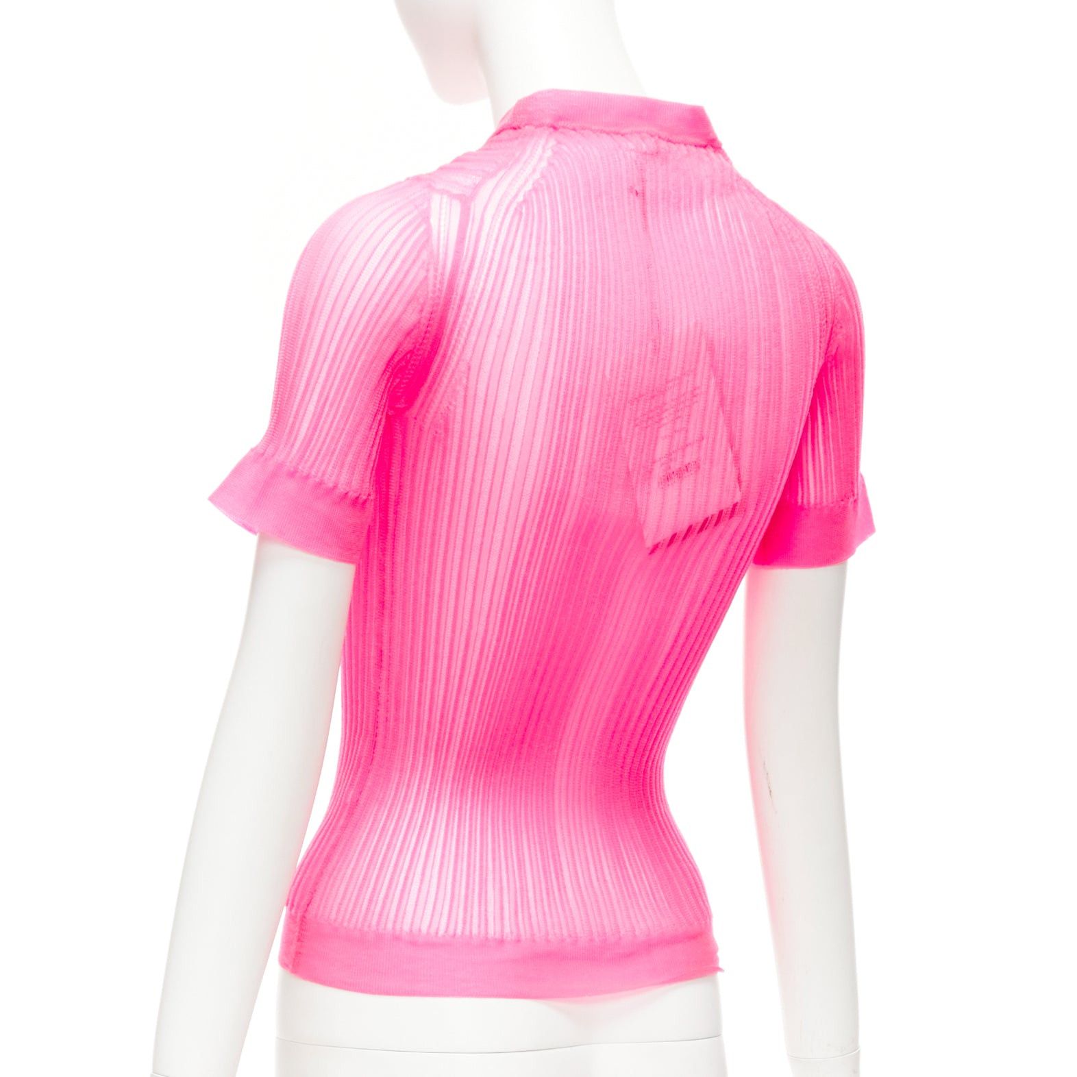 Cecilie Bahnsen CECILIE BAHNSEN Fabienne neon pink ribber sheer crew flare sleeve top XS Size XS / US 0-2 / IT 36-38 - 6 Thumbnail