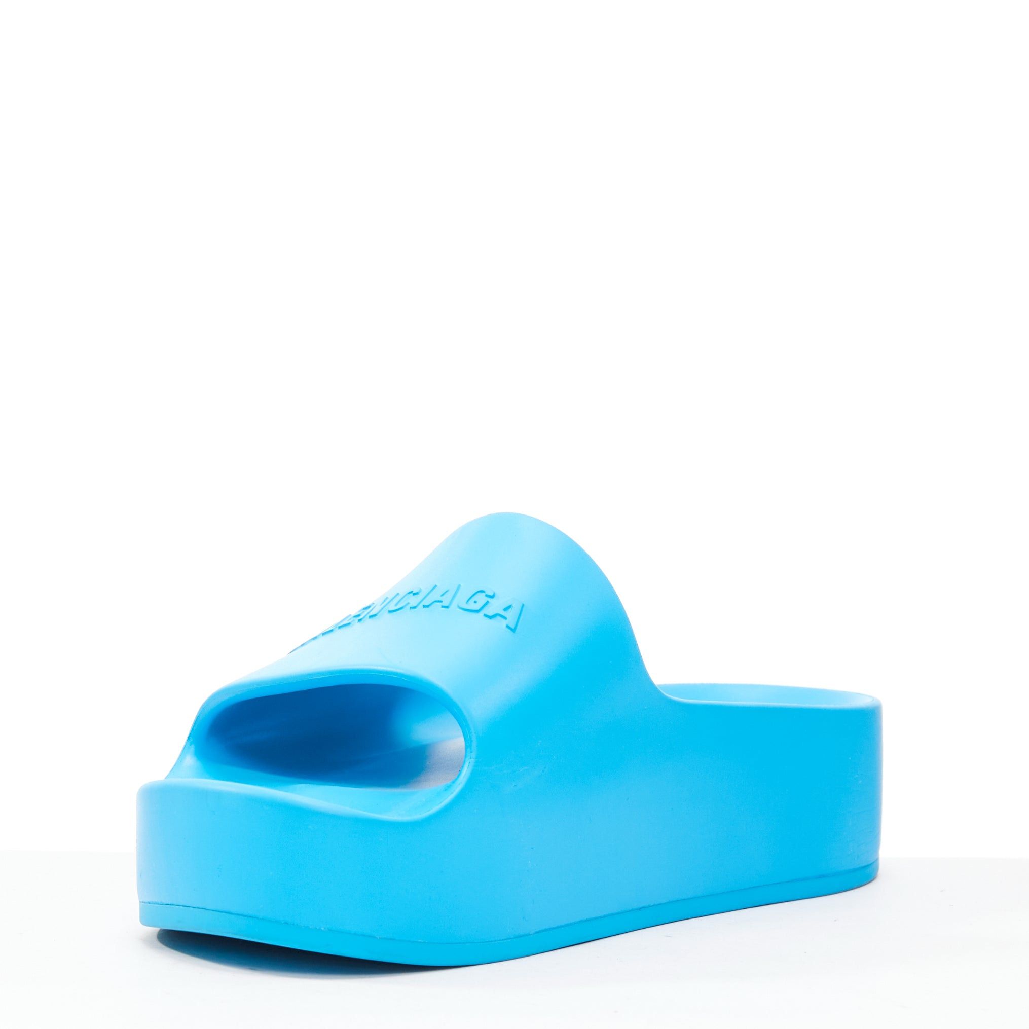 Balenciaga BALENCIAGA sky blue logo embossed rubber platform chunky slides EU38 Size US 8 / IT 38 - 4 Thumbnail