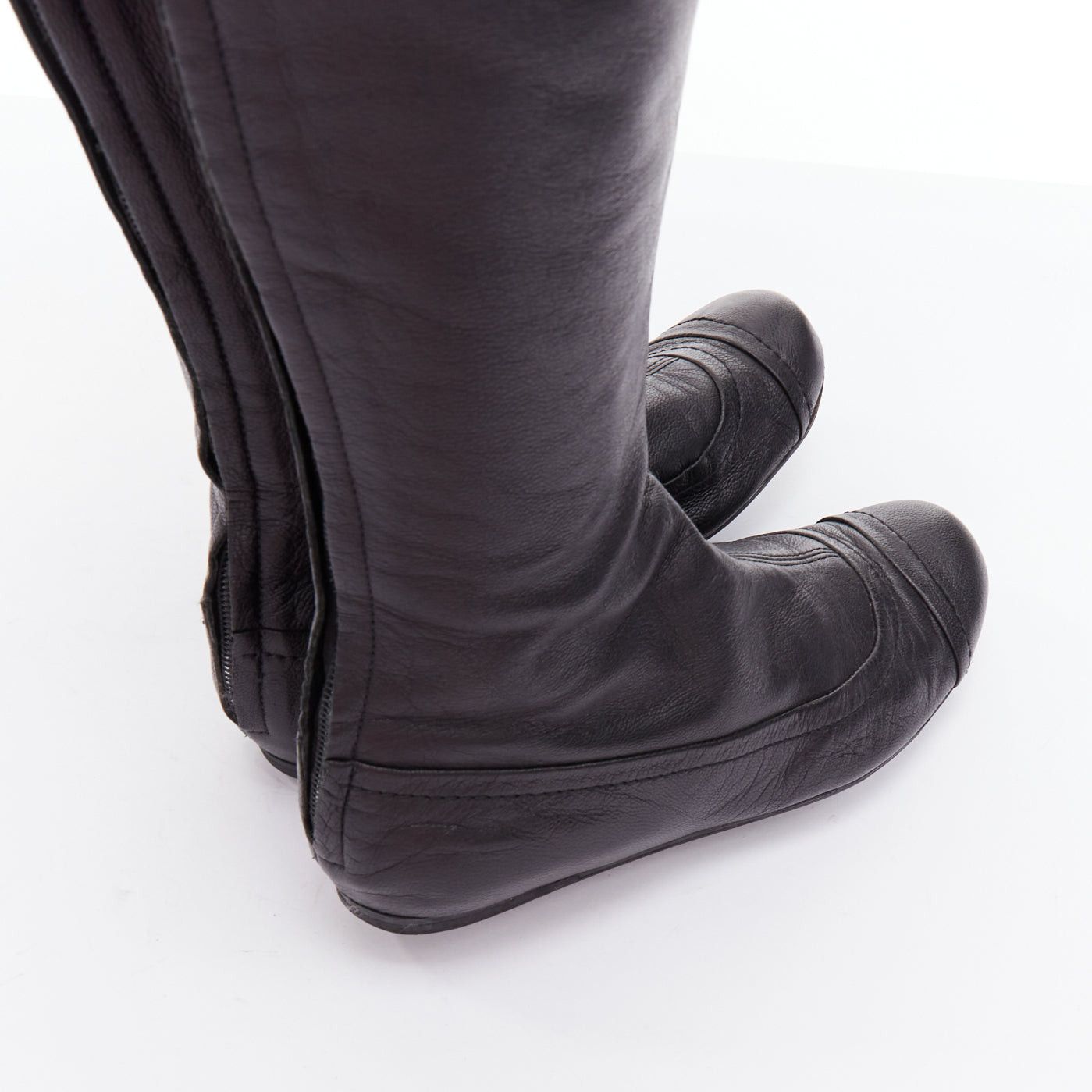 Lanvin LANVIN black soft leather round toe panelled flat long boots Size US 7 / IT 37 - 8 Thumbnail