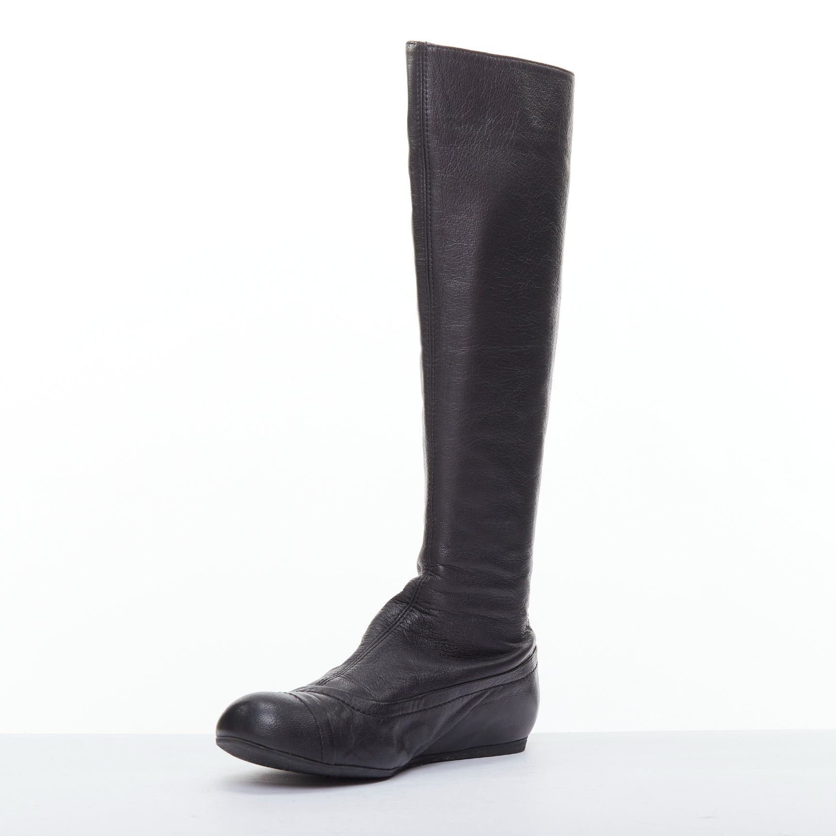 Lanvin LANVIN black soft leather round toe panelled flat long boots Size US 7 / IT 37 - 4 Thumbnail
