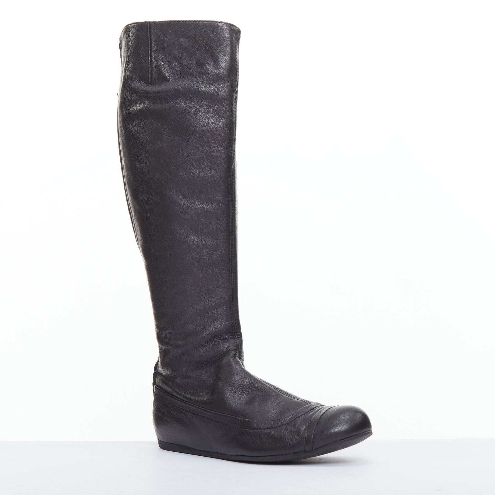 Lanvin LANVIN black soft leather round toe panelled flat long boots Size US 7 / IT 37 - 2 Thumbnail