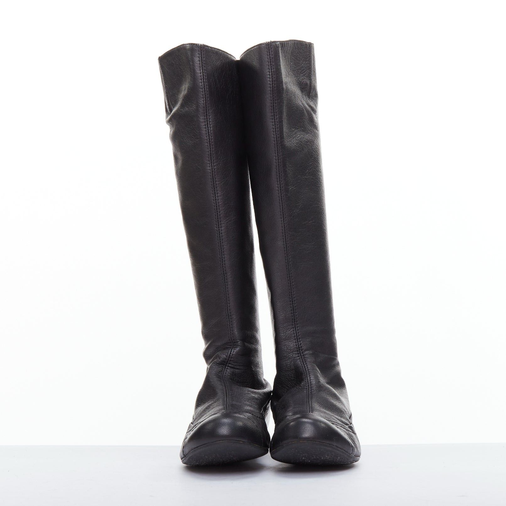 Lanvin LANVIN black soft leather round toe panelled flat long boots Size US 7 / IT 37 - 3 Thumbnail