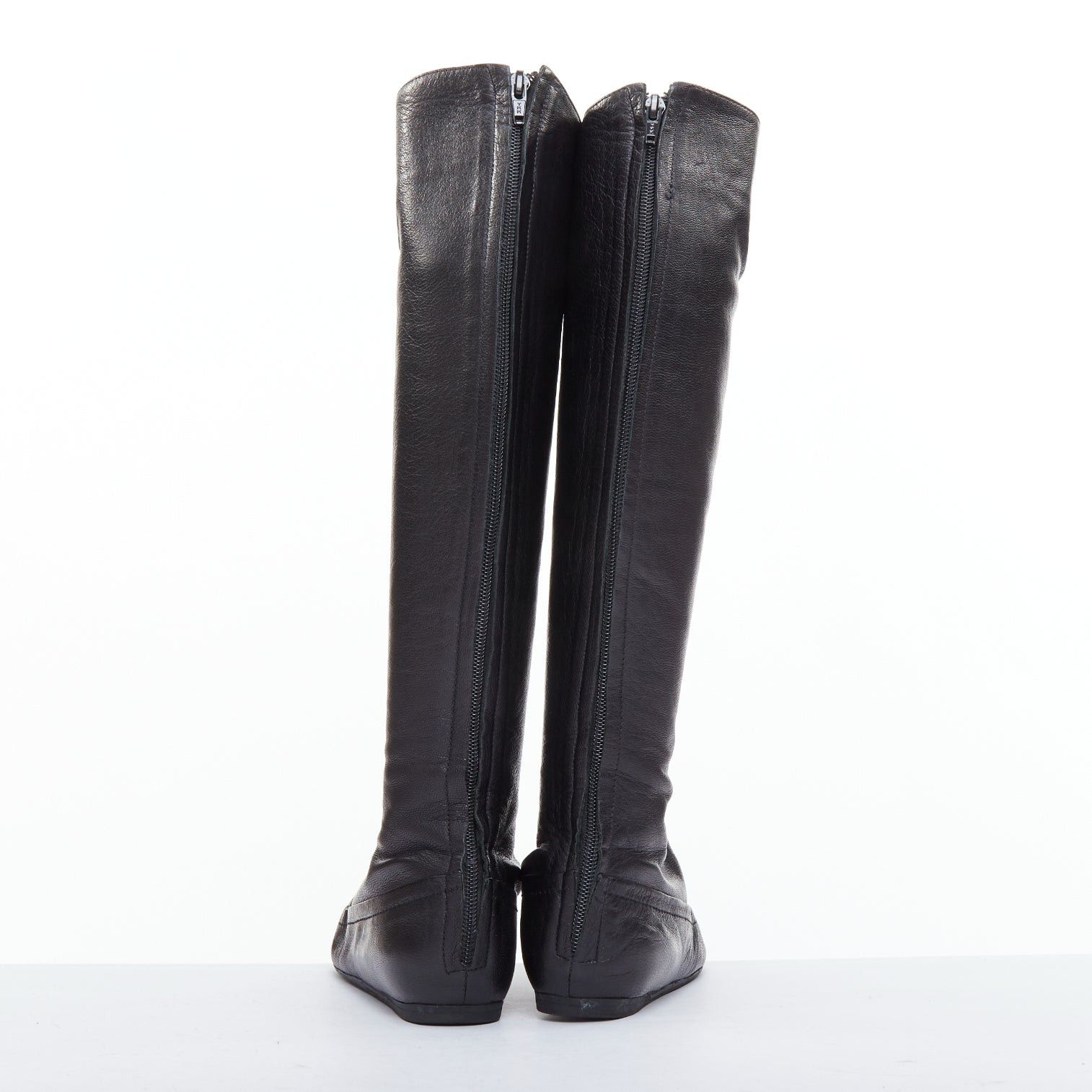 Lanvin LANVIN black soft leather round toe panelled flat long boots Size US 7 / IT 37 - 5 Thumbnail