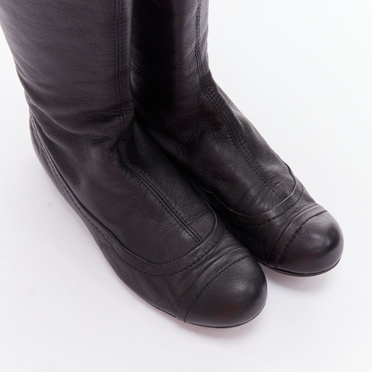 Lanvin LANVIN black soft leather round toe panelled flat long boots Size US 7 / IT 37 - 7 Thumbnail