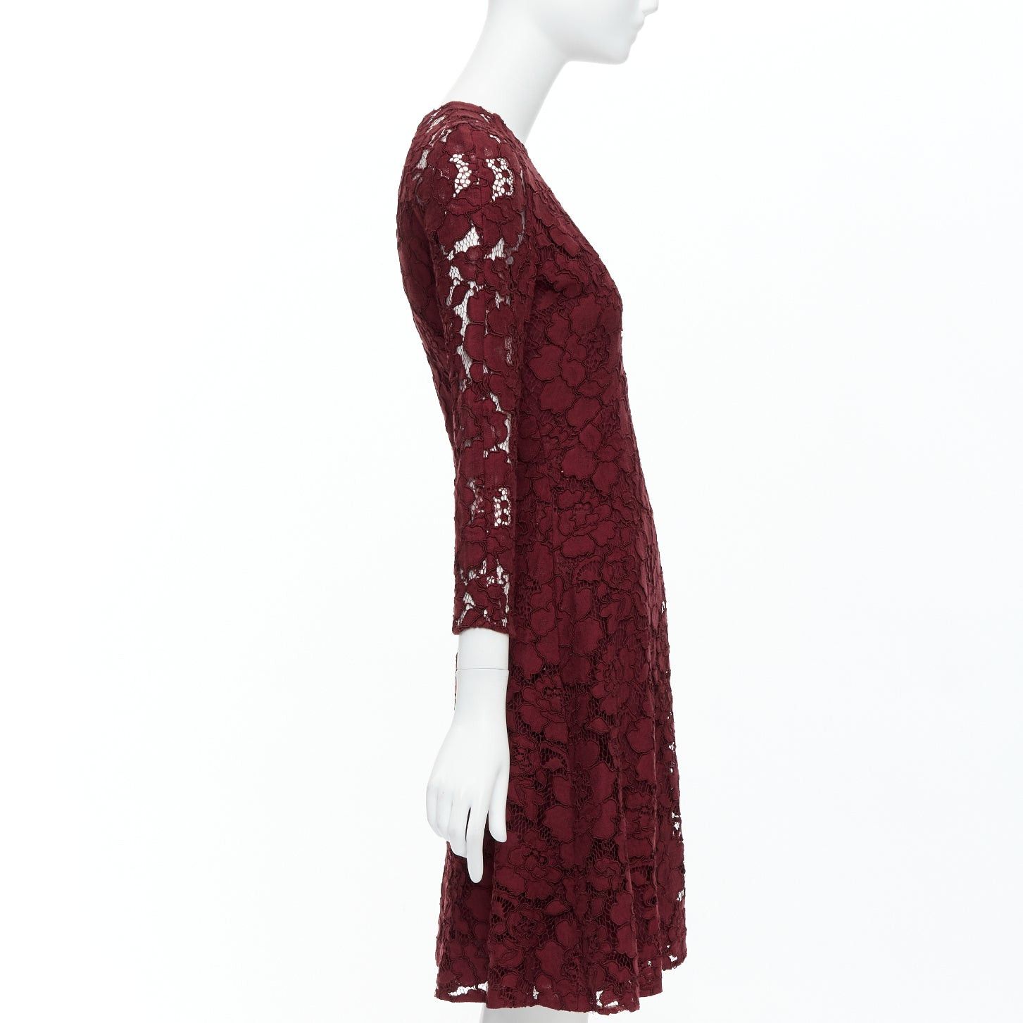Oscar De La Renta OSCAR DE LA RENTA 2016 burgundy lace sheer sleeves fit flare dressUS0 XS Size XS / US 0-2 / IT 36-38 - 4 Thumbnail
