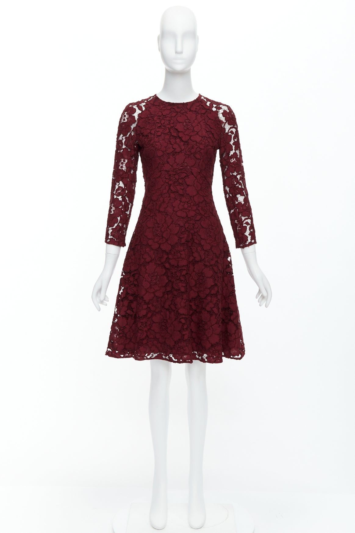 Oscar De La Renta OSCAR DE LA RENTA 2016 burgundy lace sheer sleeves fit flare dressUS0 XS Size XS / US 0-2 / IT 36-38 - 9 Thumbnail