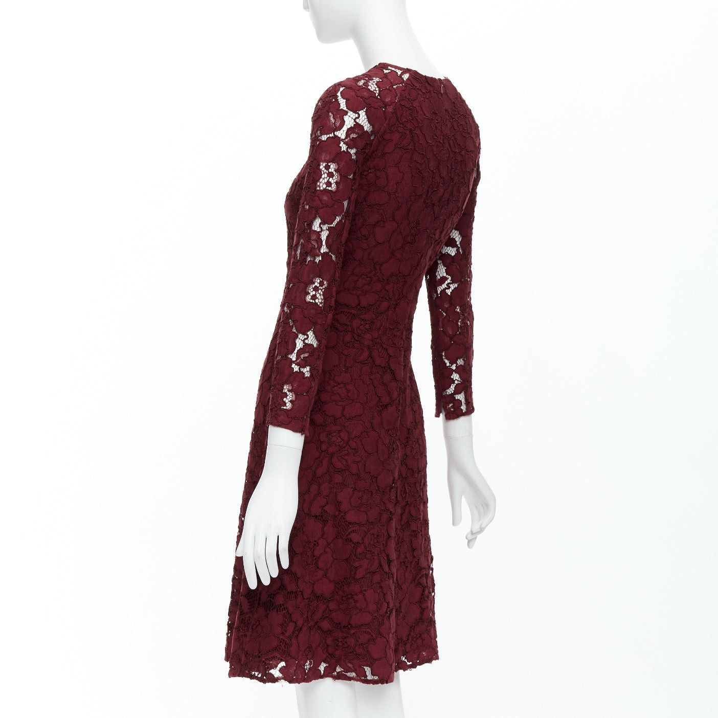 Oscar De La Renta OSCAR DE LA RENTA 2016 burgundy lace sheer sleeves fit flare dressUS0 XS Size XS / US 0-2 / IT 36-38 - 6 Thumbnail