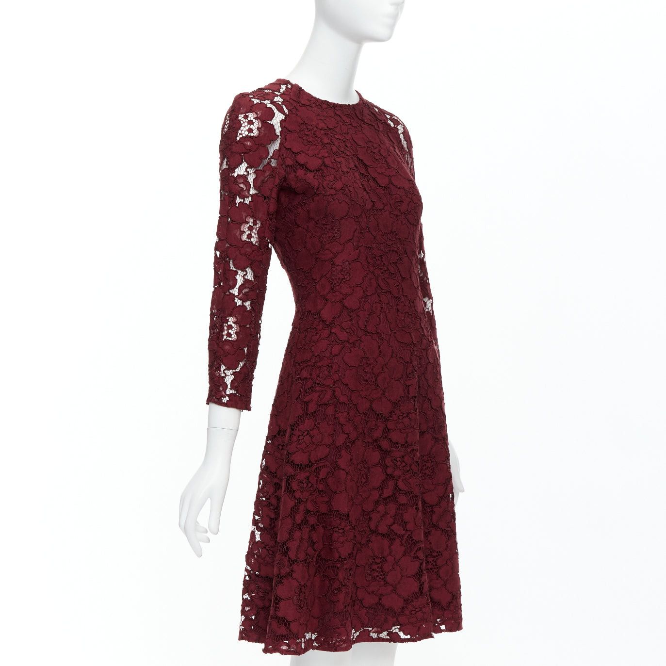 Oscar De La Renta OSCAR DE LA RENTA 2016 burgundy lace sheer sleeves fit flare dressUS0 XS Size XS / US 0-2 / IT 36-38 - 3 Thumbnail