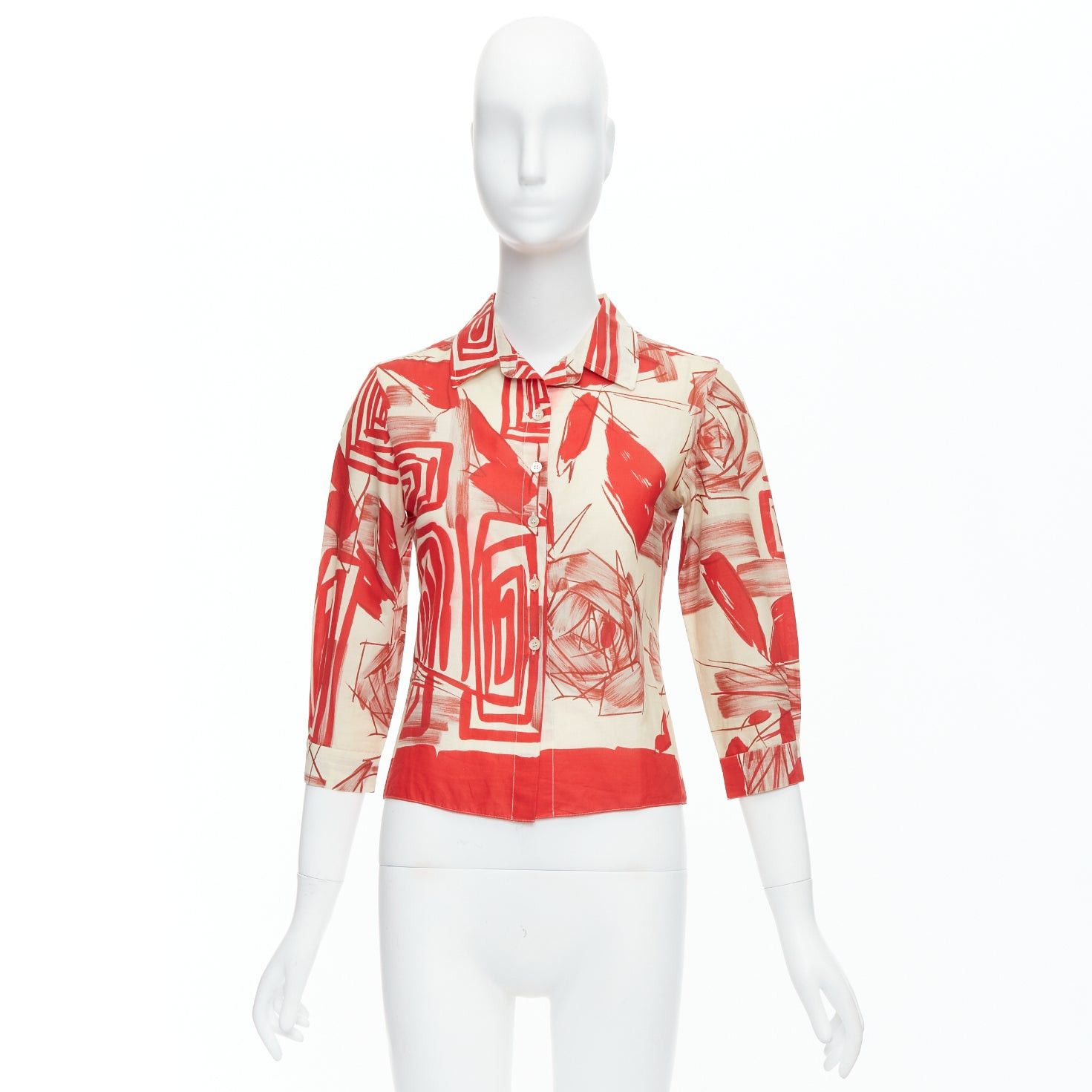 Marni MARNI red beige 100% cotton abstract floral print crop shirt IT38 XS Size XS / US 0-2 / IT 36-38 - 9 Thumbnail