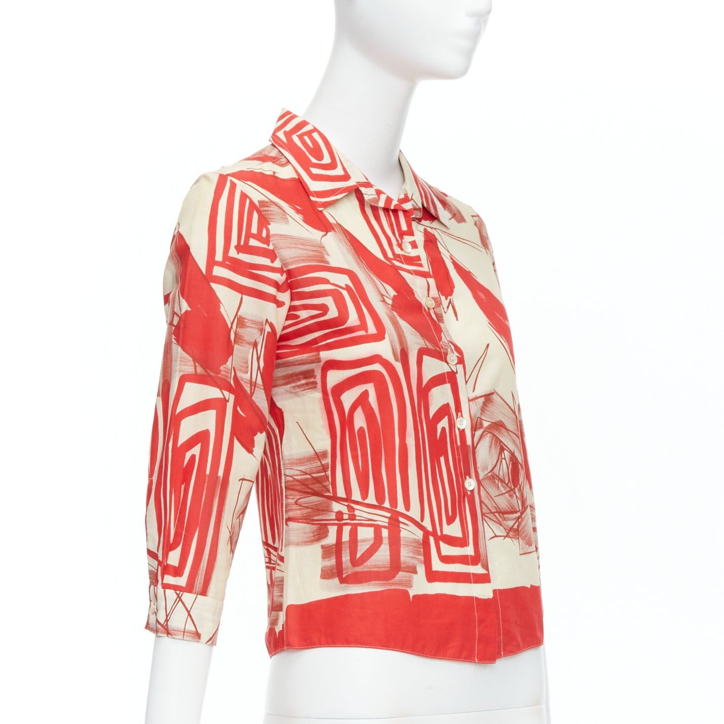 Marni MARNI red beige 100% cotton abstract floral print crop shirt IT38 XS Size XS / US 0-2 / IT 36-38 - 3 Thumbnail