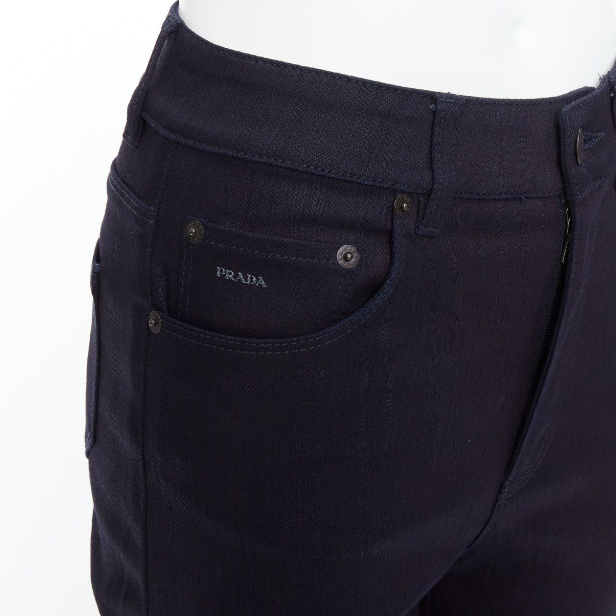 Prada PRADA 2008 indigo blue cotton blend logo high rise fit flare jeans 25" Size 27" / US 4 / IT 40 - 7 Thumbnail