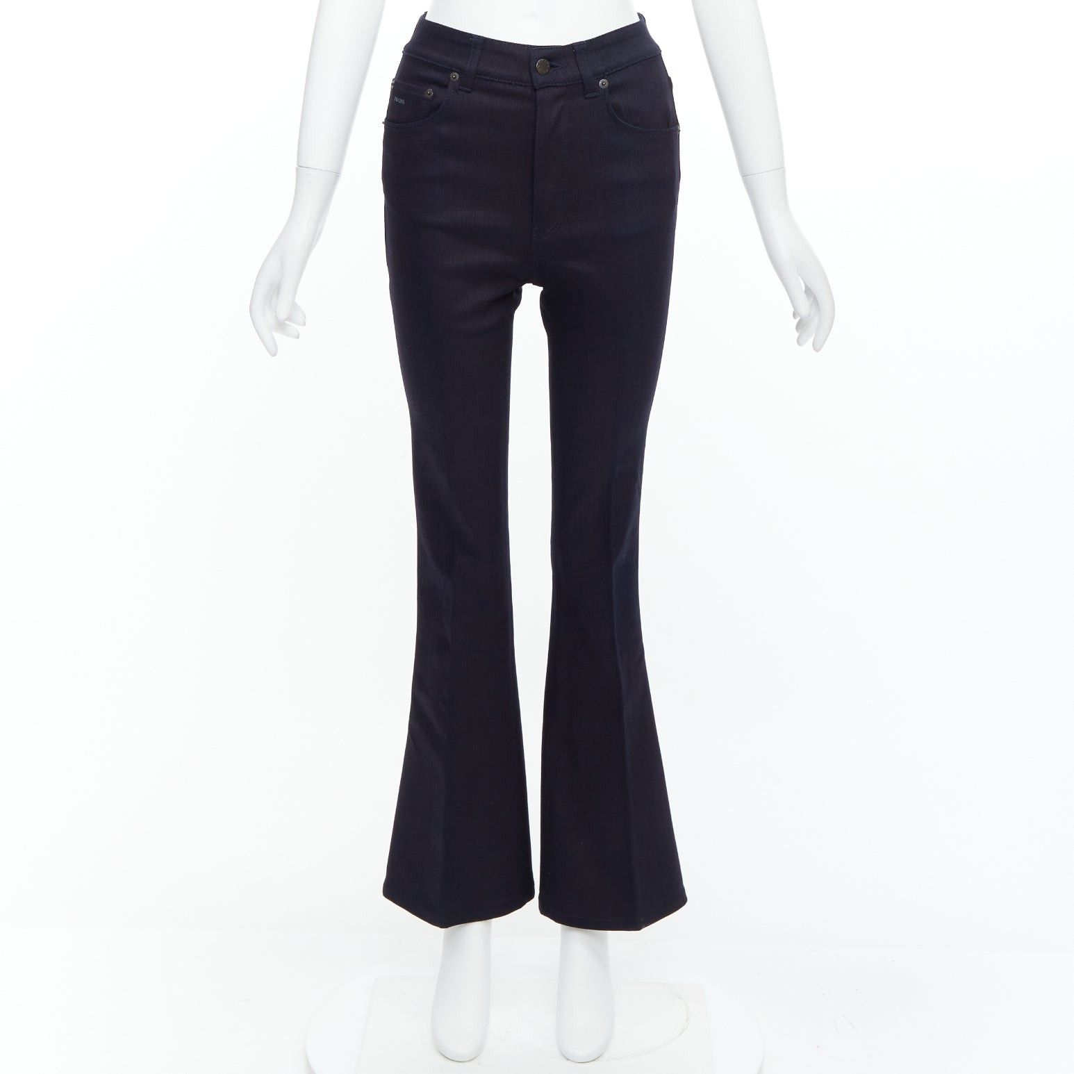 Prada PRADA 2008 indigo blue cotton blend logo high rise fit flare jeans 25" Size 27" / US 4 / IT 40 - 9 Thumbnail