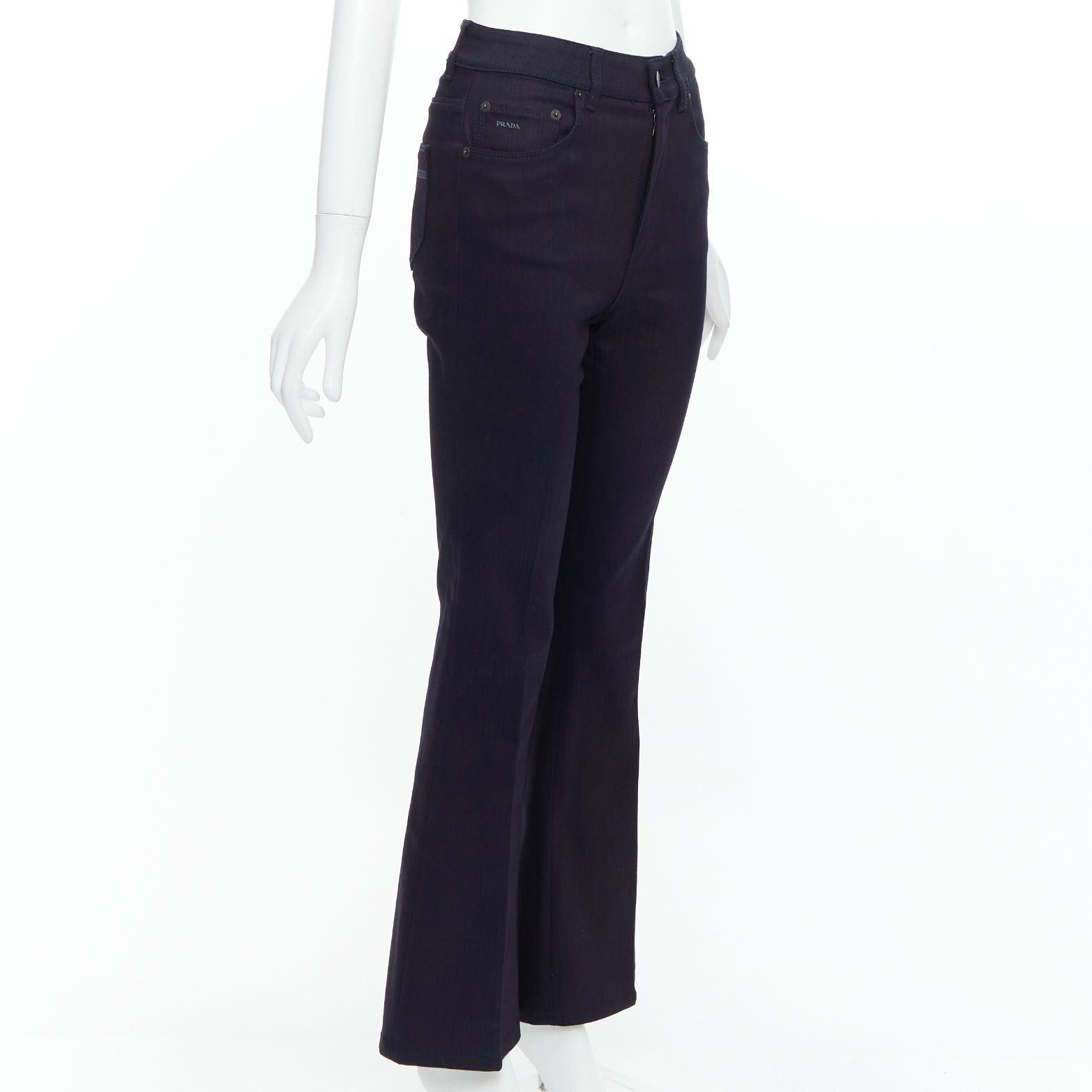 Prada PRADA 2008 indigo blue cotton blend logo high rise fit flare jeans 25" Size 27" / US 4 / IT 40 - 3 Thumbnail