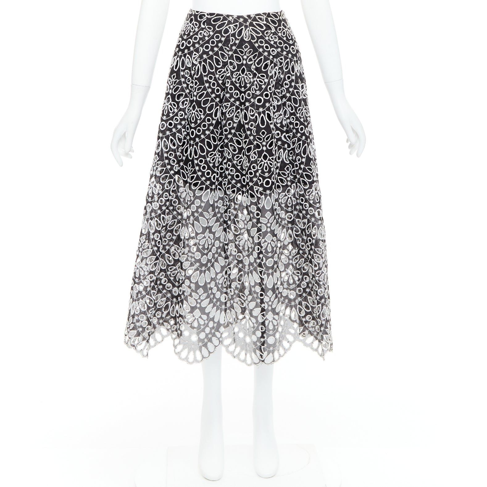 Oscar De La Renta OSCAR DE LA RENTA 2015 black silk cotton embroidery anglais skirt US0 XS Size 26" / US 2 / IT 38 - 9 Thumbnail