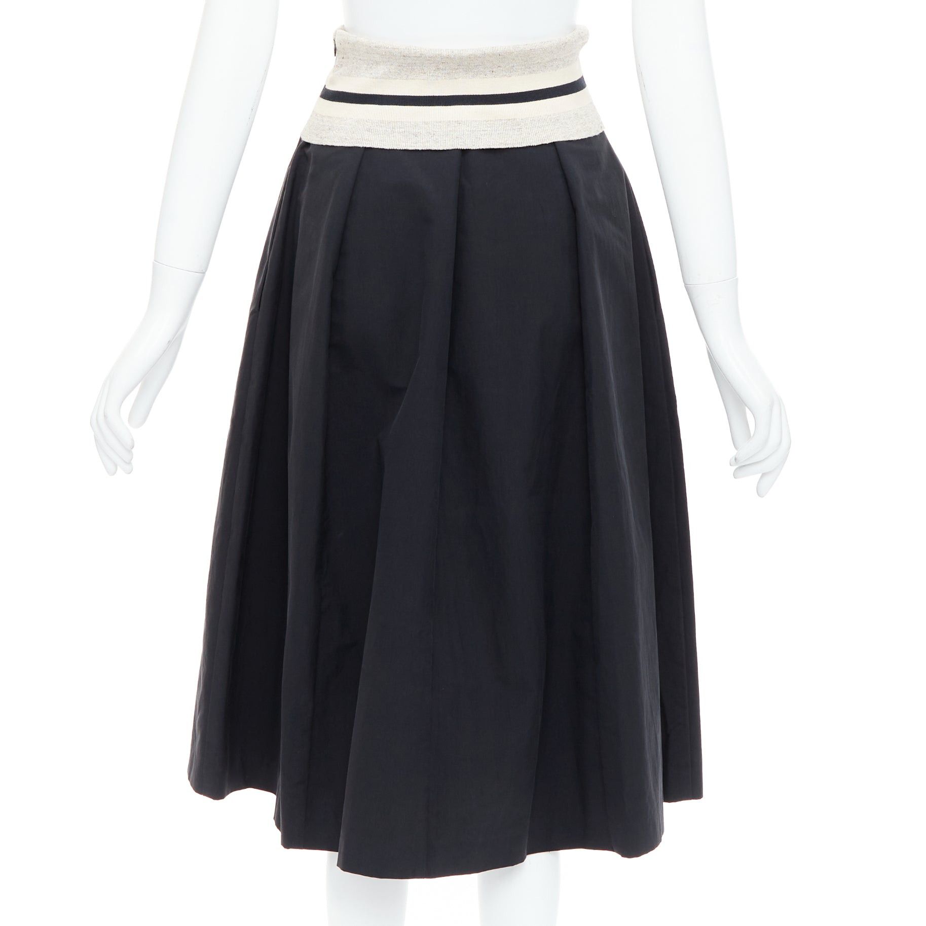 BRUNELLO CUCINELLI black cream cotton blend foldover waist midi skirt IT38 XS
