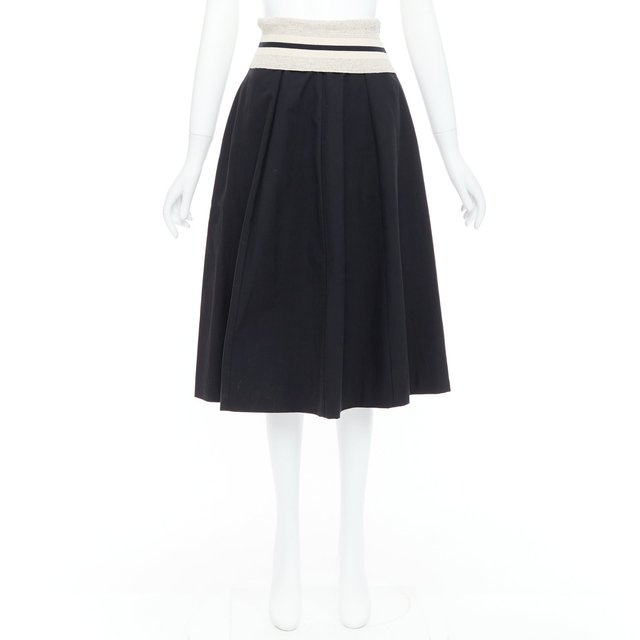 BRUNELLO CUCINELLI black cream cotton blend foldover waist midi skirt IT38 XS