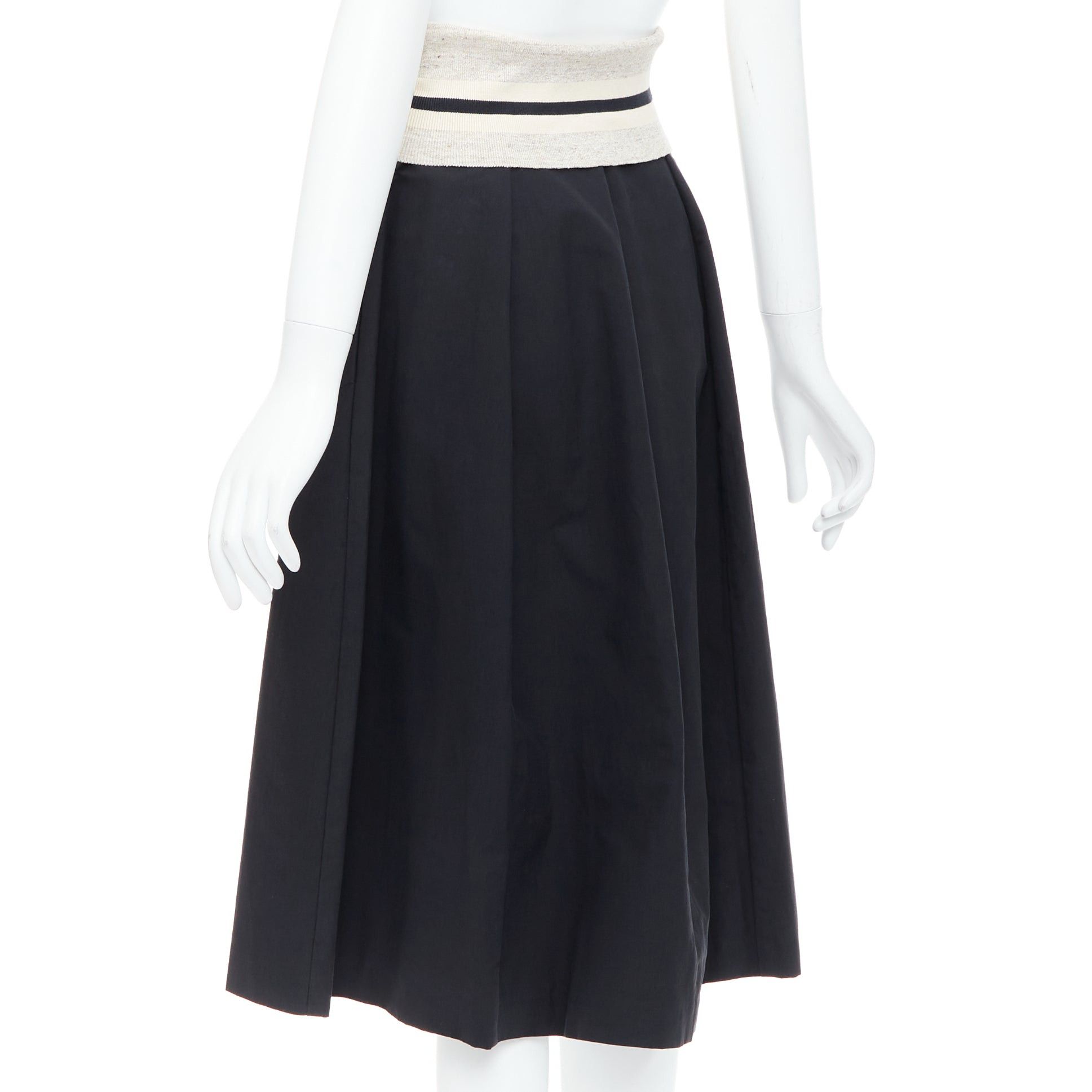 BRUNELLO CUCINELLI black cream cotton blend foldover waist midi skirt IT38 XS