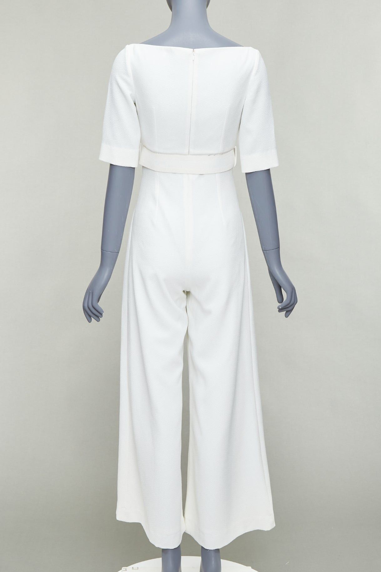 Emilia Wickstead EMILIA WICKSTEAD cream cloque wide leg v neck belted jumpsuit UK8 S Size 27" / US 4 / IT 40 - 5 Thumbnail