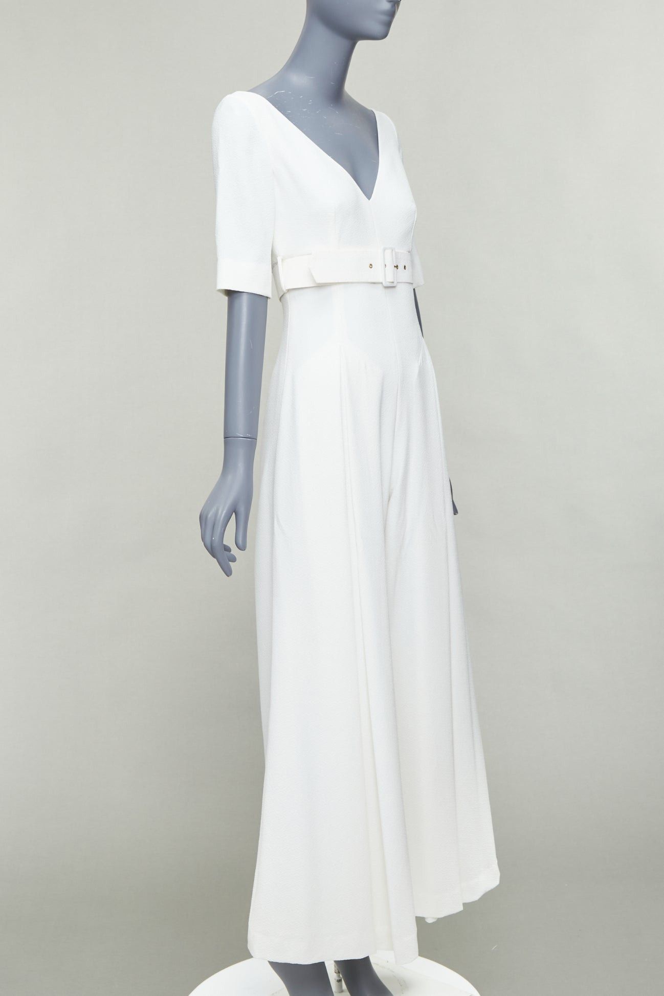 Emilia Wickstead EMILIA WICKSTEAD cream cloque wide leg v neck belted jumpsuit UK8 S Size 27" / US 4 / IT 40 - 3 Thumbnail