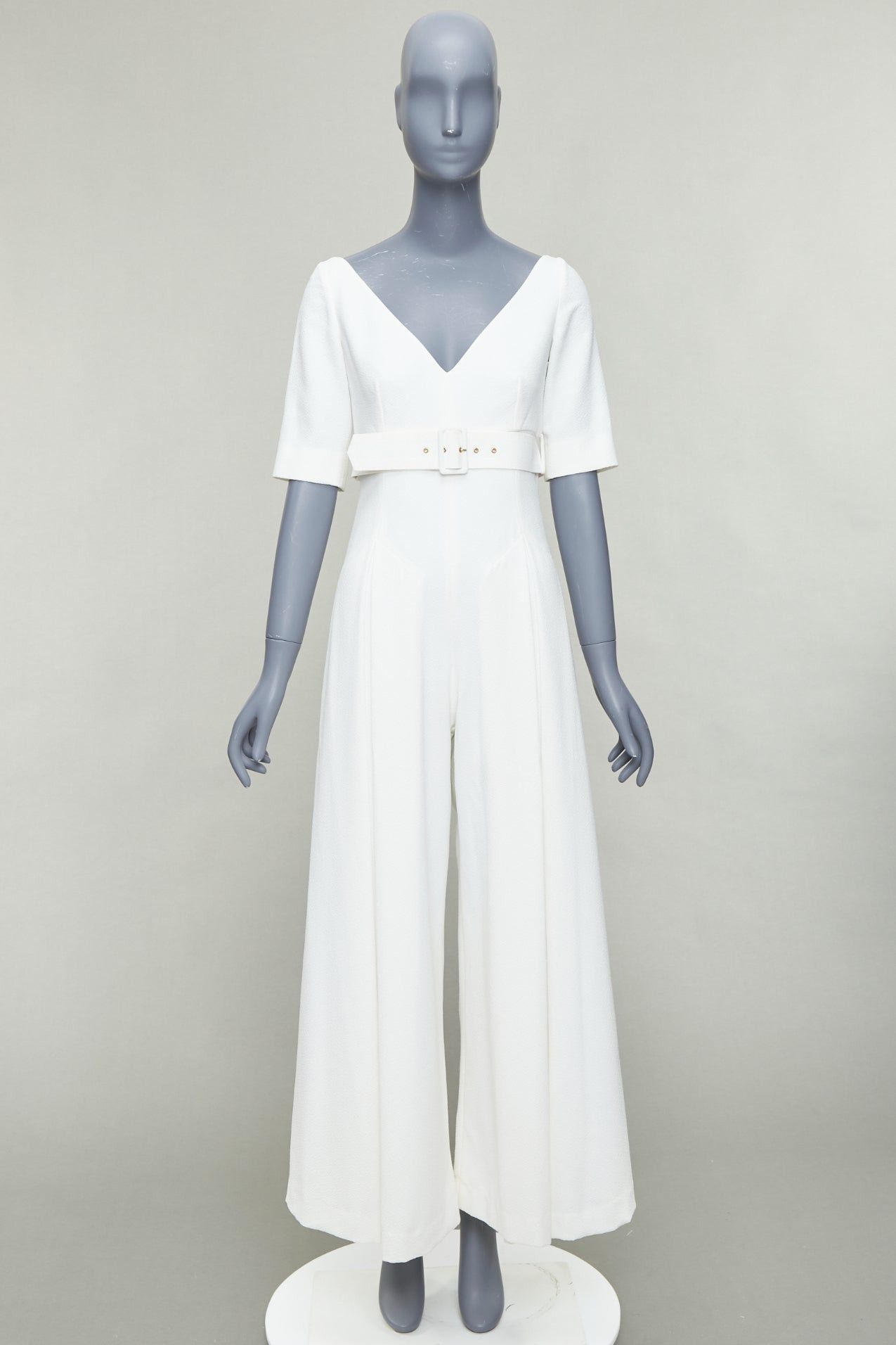 Emilia Wickstead EMILIA WICKSTEAD cream cloque wide leg v neck belted jumpsuit UK8 S Size 27" / US 4 / IT 40 - 9 Thumbnail