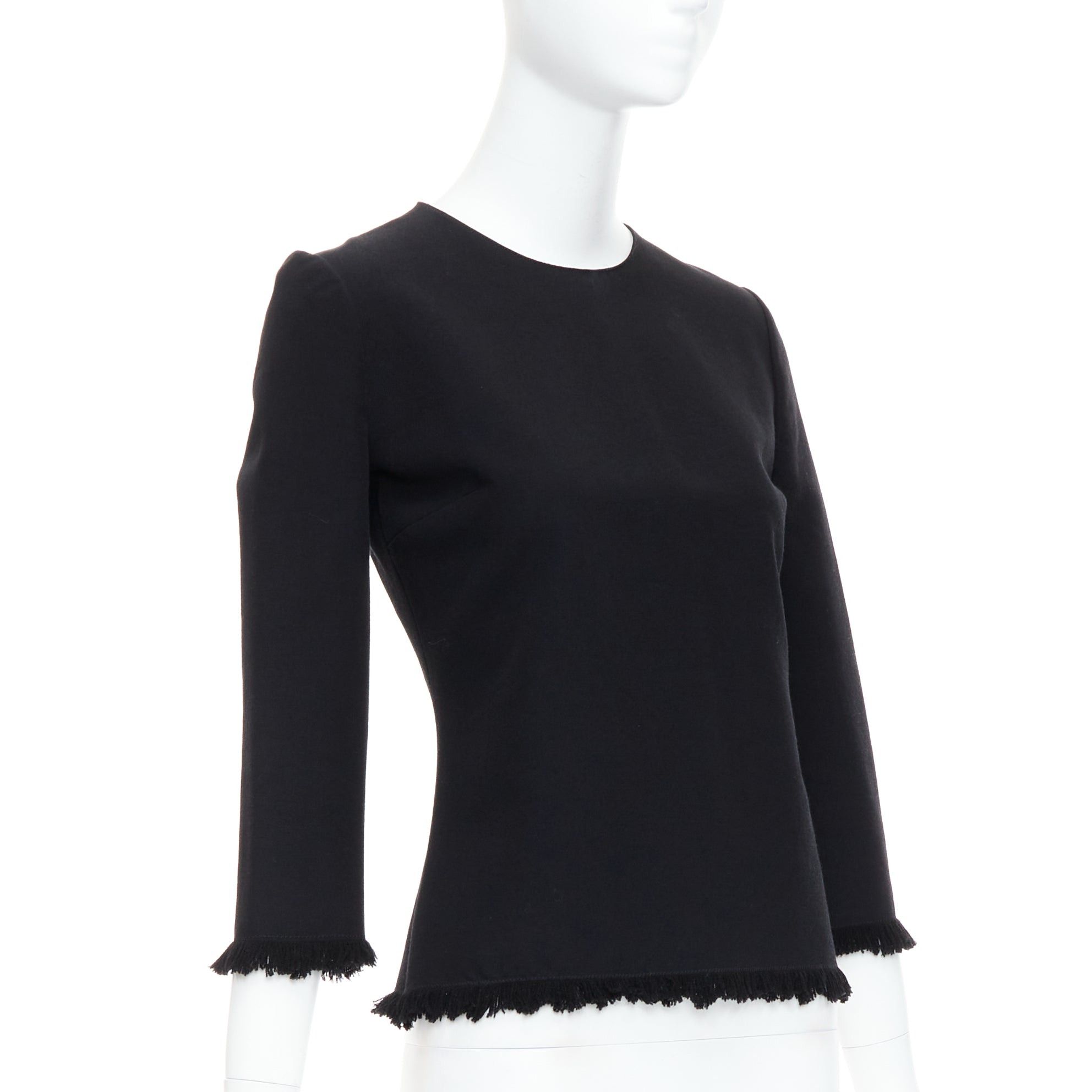 Tom Ford TOM FORD black virgin wool cotton fringe trim crop sleeved fitted top IT36 XXS Size XS / US 0-2 / IT 36-38 - 3 Thumbnail
