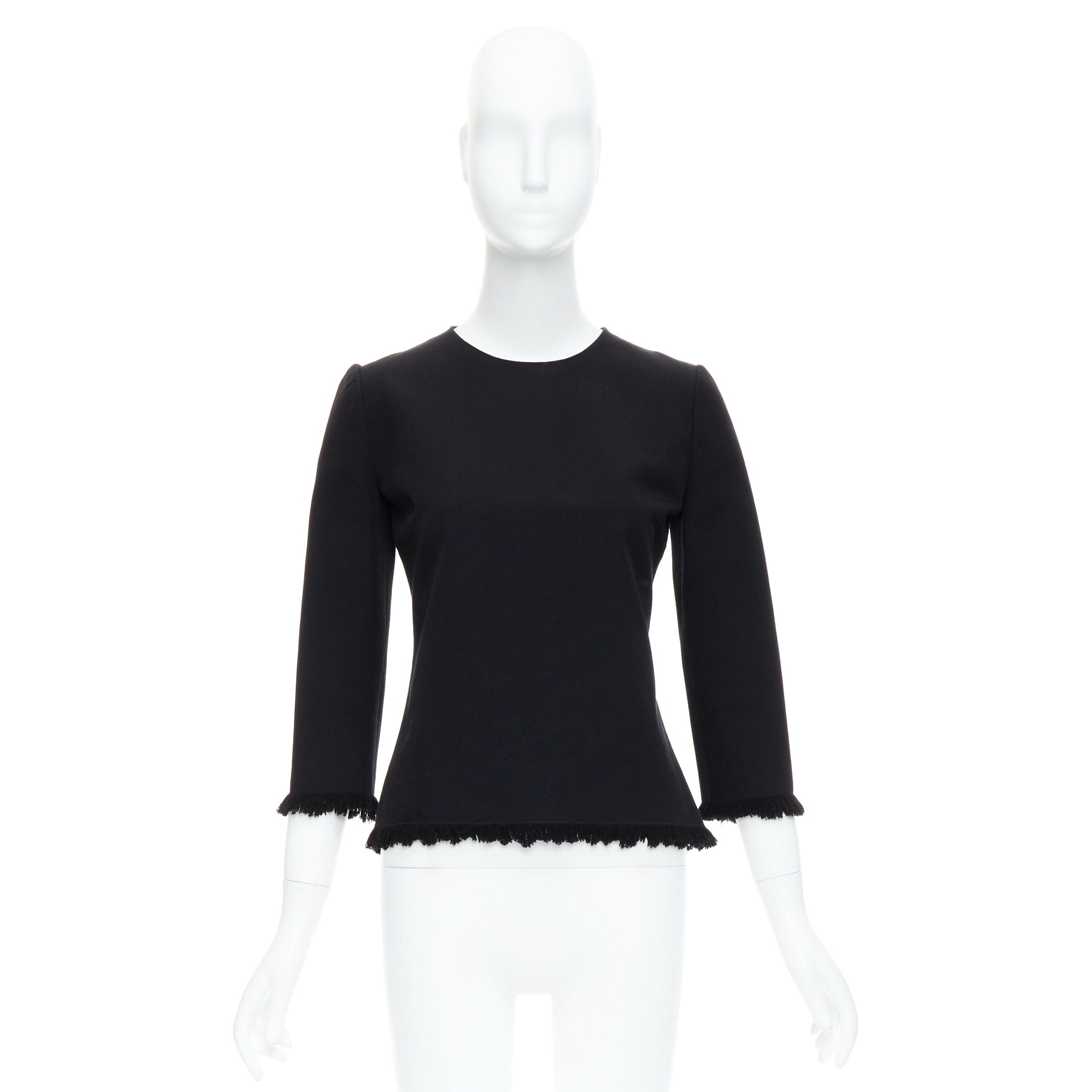 Tom Ford TOM FORD black virgin wool cotton fringe trim crop sleeved fitted top IT36 XXS Size XS / US 0-2 / IT 36-38 - 9 Thumbnail