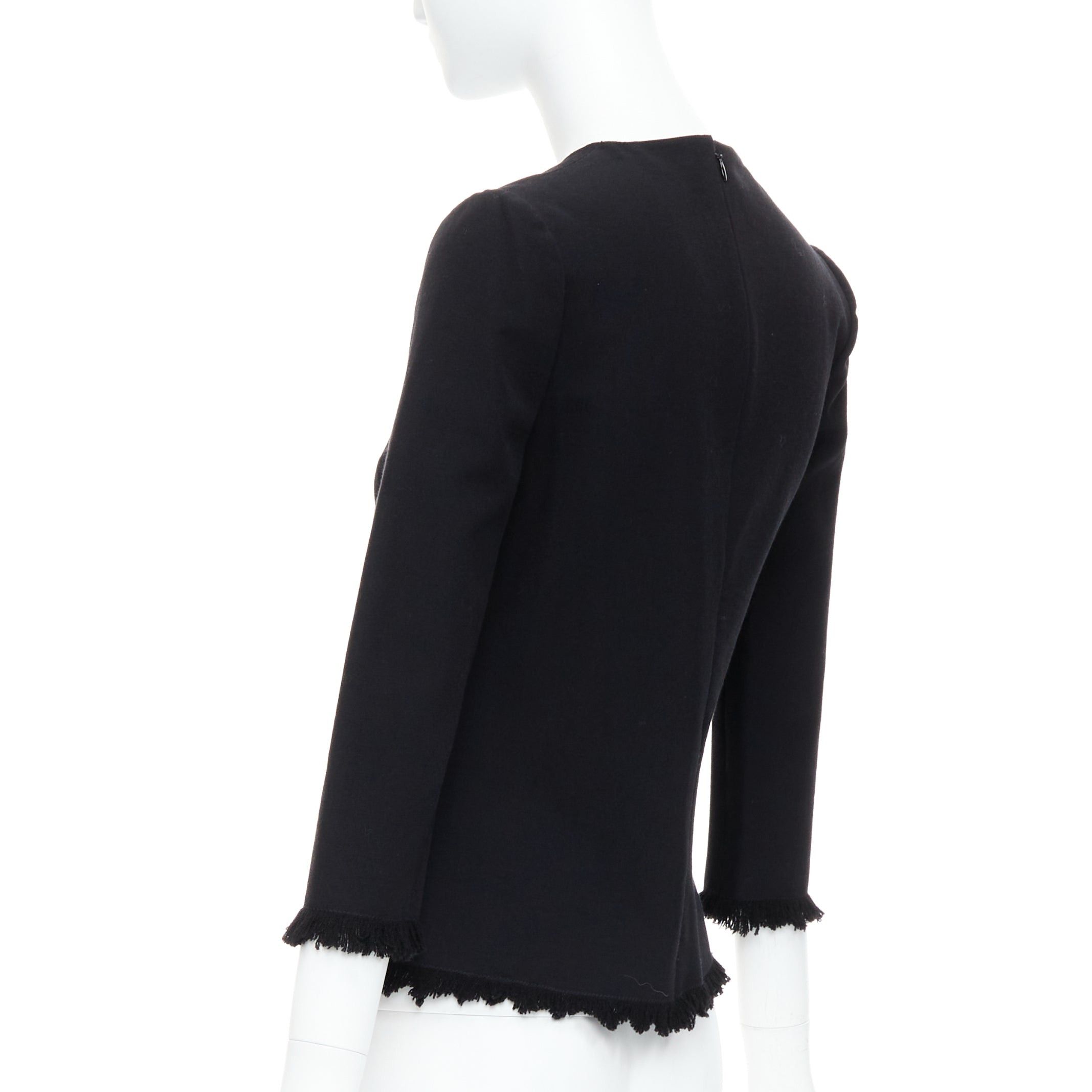 Tom Ford TOM FORD black virgin wool cotton fringe trim crop sleeved fitted top IT36 XXS Size XS / US 0-2 / IT 36-38 - 6 Thumbnail