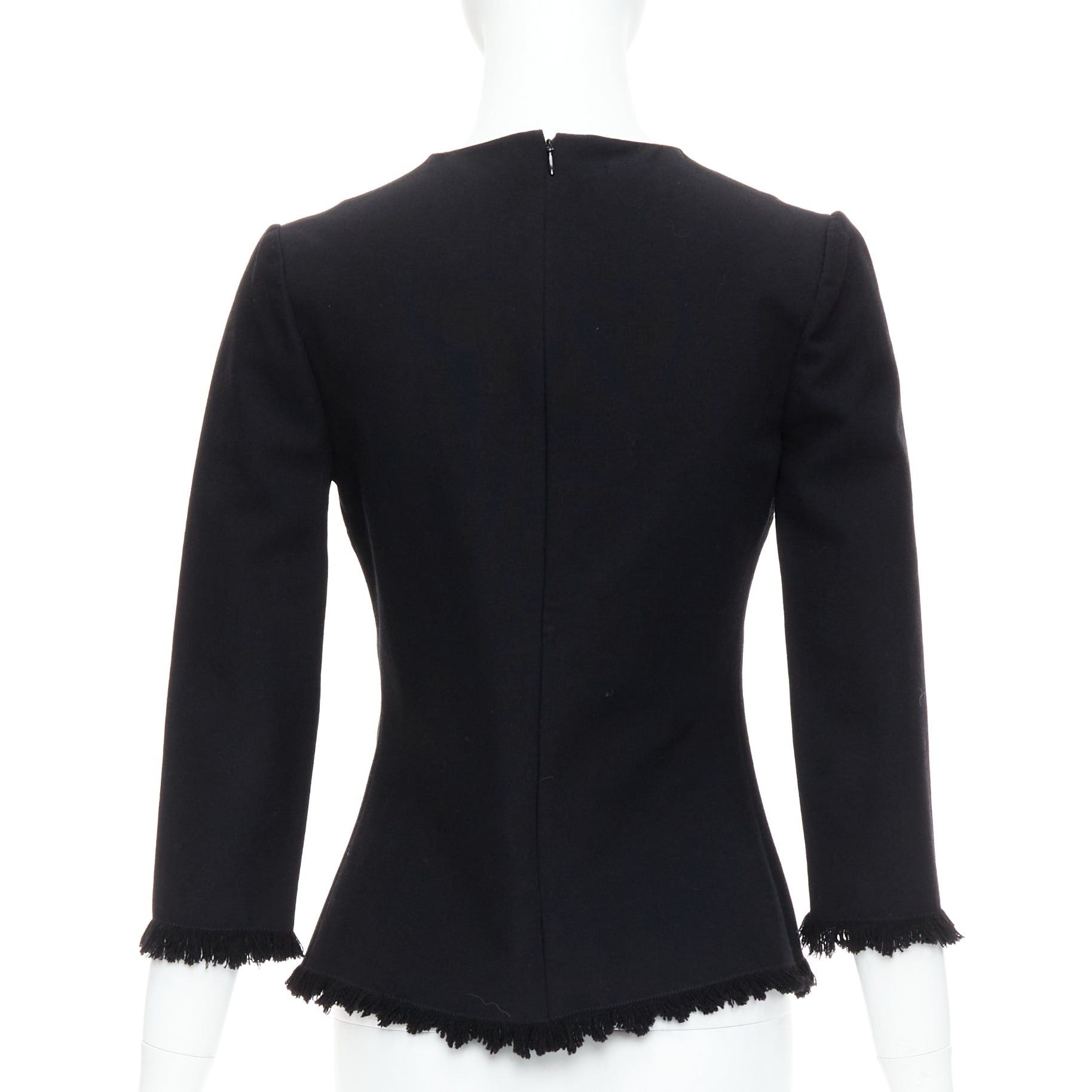 Tom Ford TOM FORD black virgin wool cotton fringe trim crop sleeved fitted top IT36 XXS Size XS / US 0-2 / IT 36-38 - 5 Thumbnail