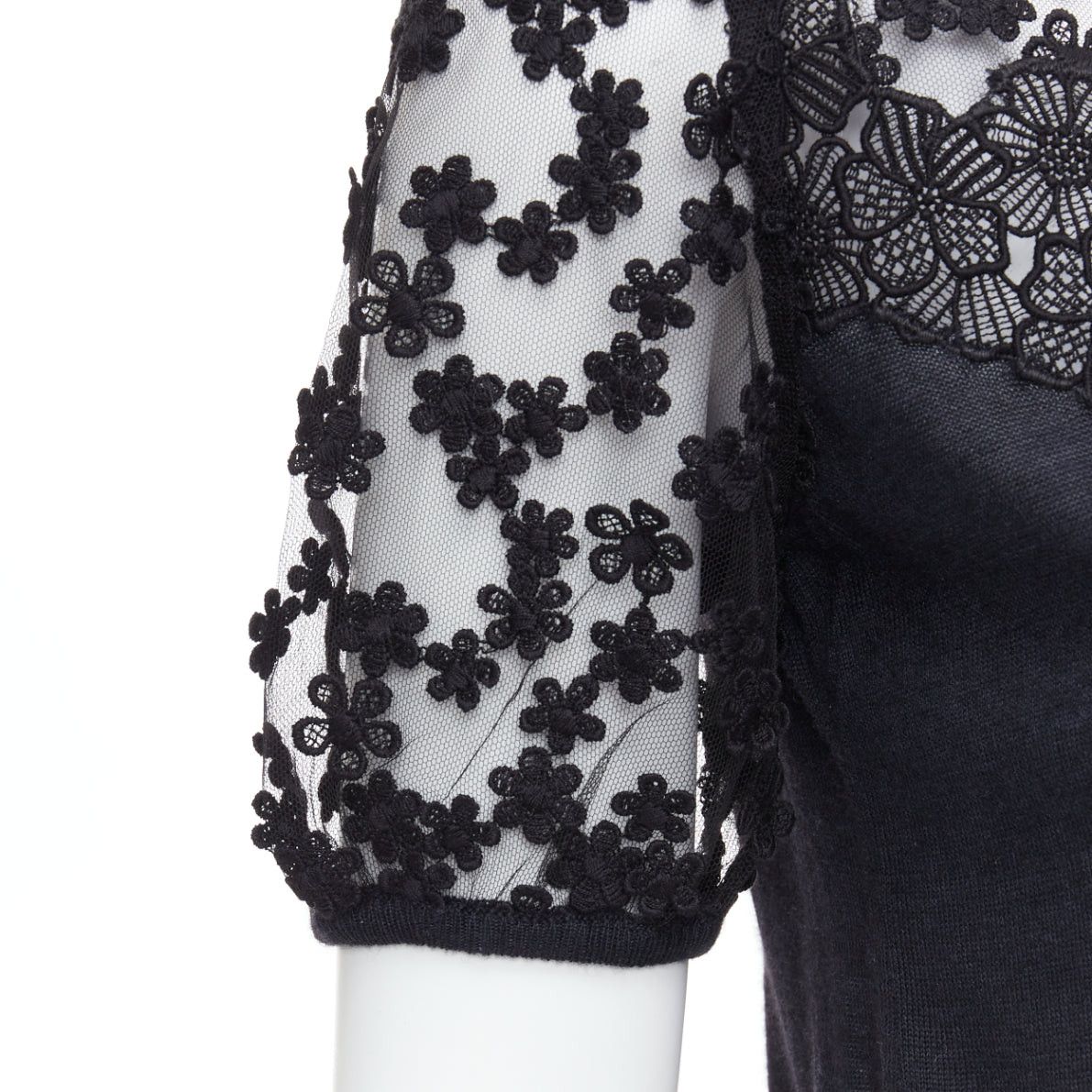 Giambattista Valli GIAMBATTISTA VALLI black cashmere silk floral sheer lace panel sweater IT38 XS Size XS / US 0-2 / IT 36-38 - 7 Thumbnail