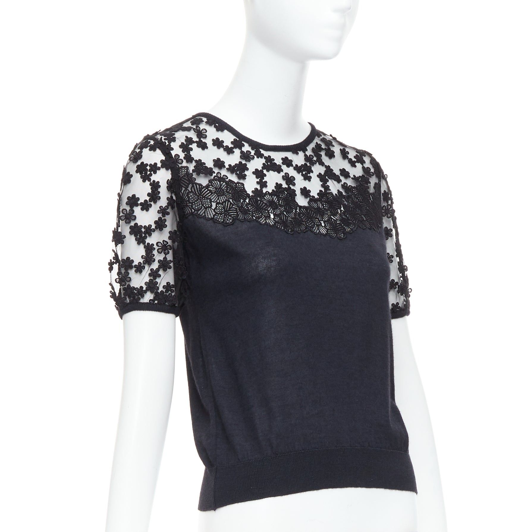 Giambattista Valli GIAMBATTISTA VALLI black cashmere silk floral sheer lace panel sweater IT38 XS Size XS / US 0-2 / IT 36-38 - 3 Thumbnail