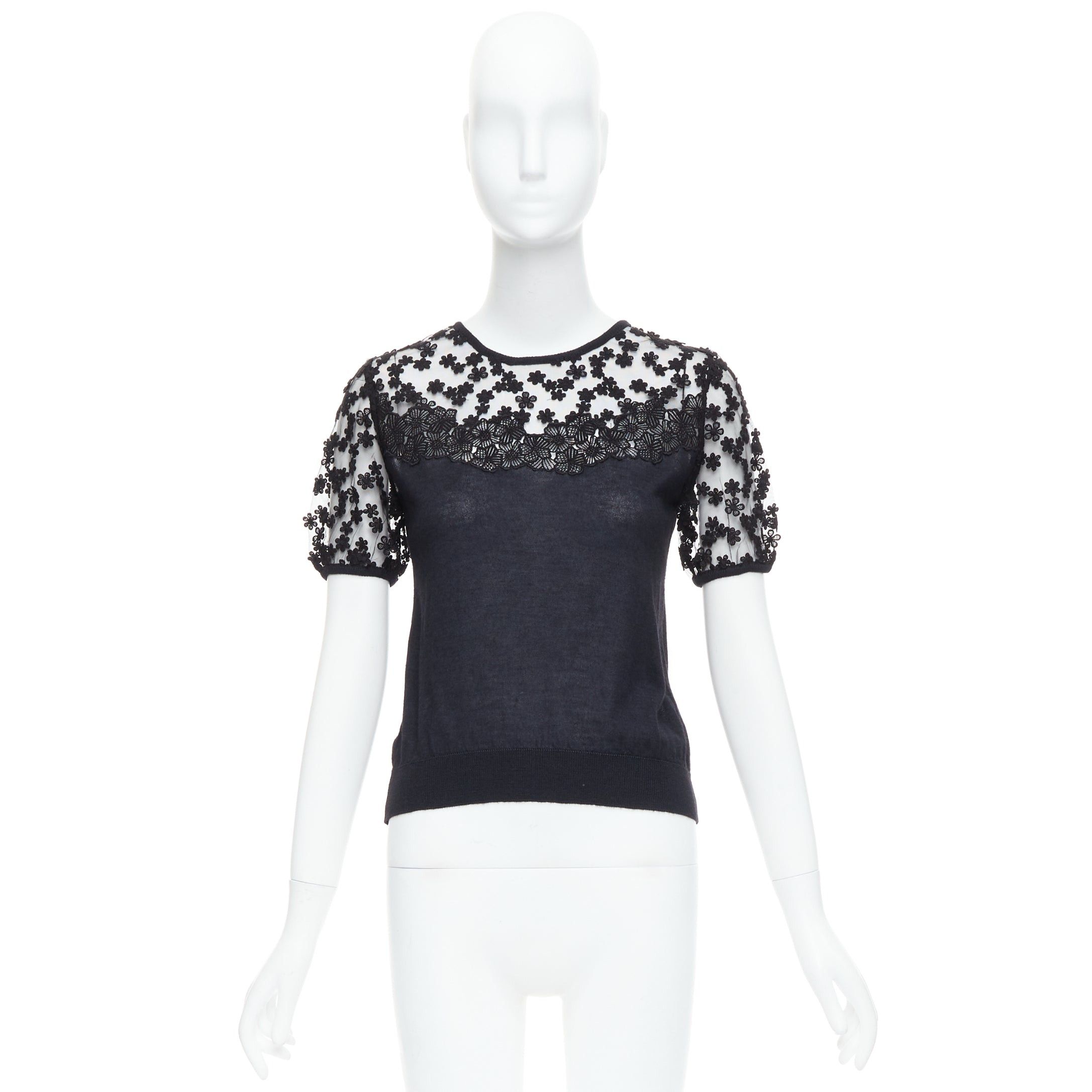 Giambattista Valli GIAMBATTISTA VALLI black cashmere silk floral sheer lace panel sweater IT38 XS Size XS / US 0-2 / IT 36-38 - 10 Thumbnail