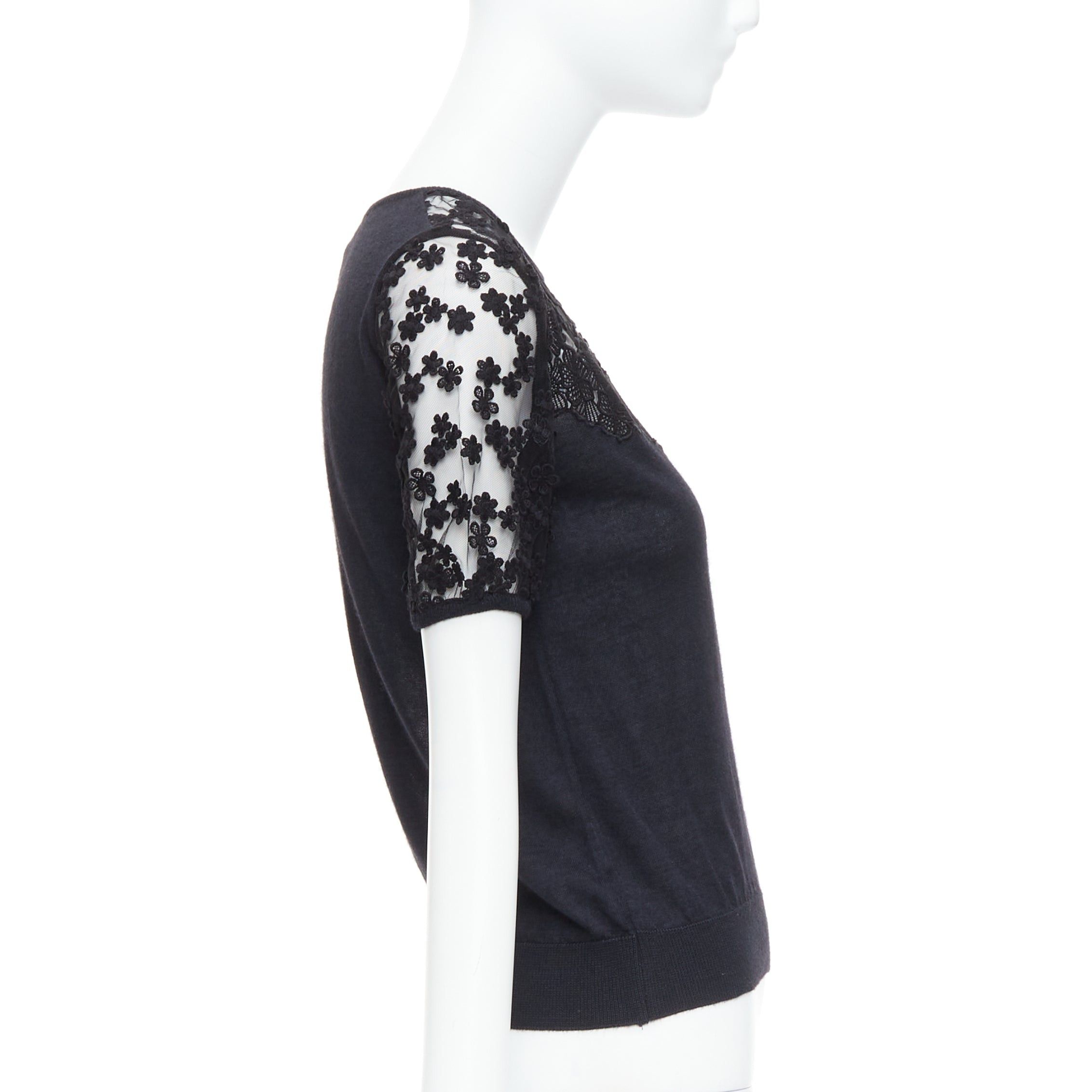 Giambattista Valli GIAMBATTISTA VALLI black cashmere silk floral sheer lace panel sweater IT38 XS Size XS / US 0-2 / IT 36-38 - 4 Thumbnail