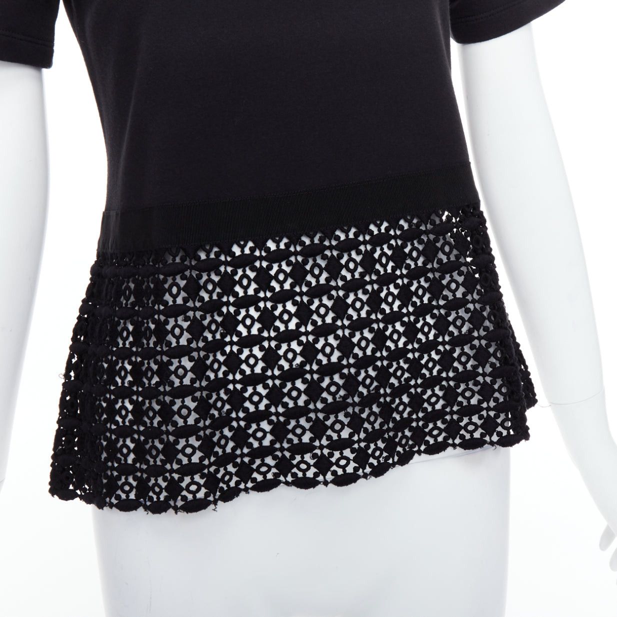 Giambattista Valli GIAMBATTISTA VALLI black cotton geometric lace hem tshirt IT38 XXS Size XS / US 0-2 / IT 36-38 - 2 Thumbnail