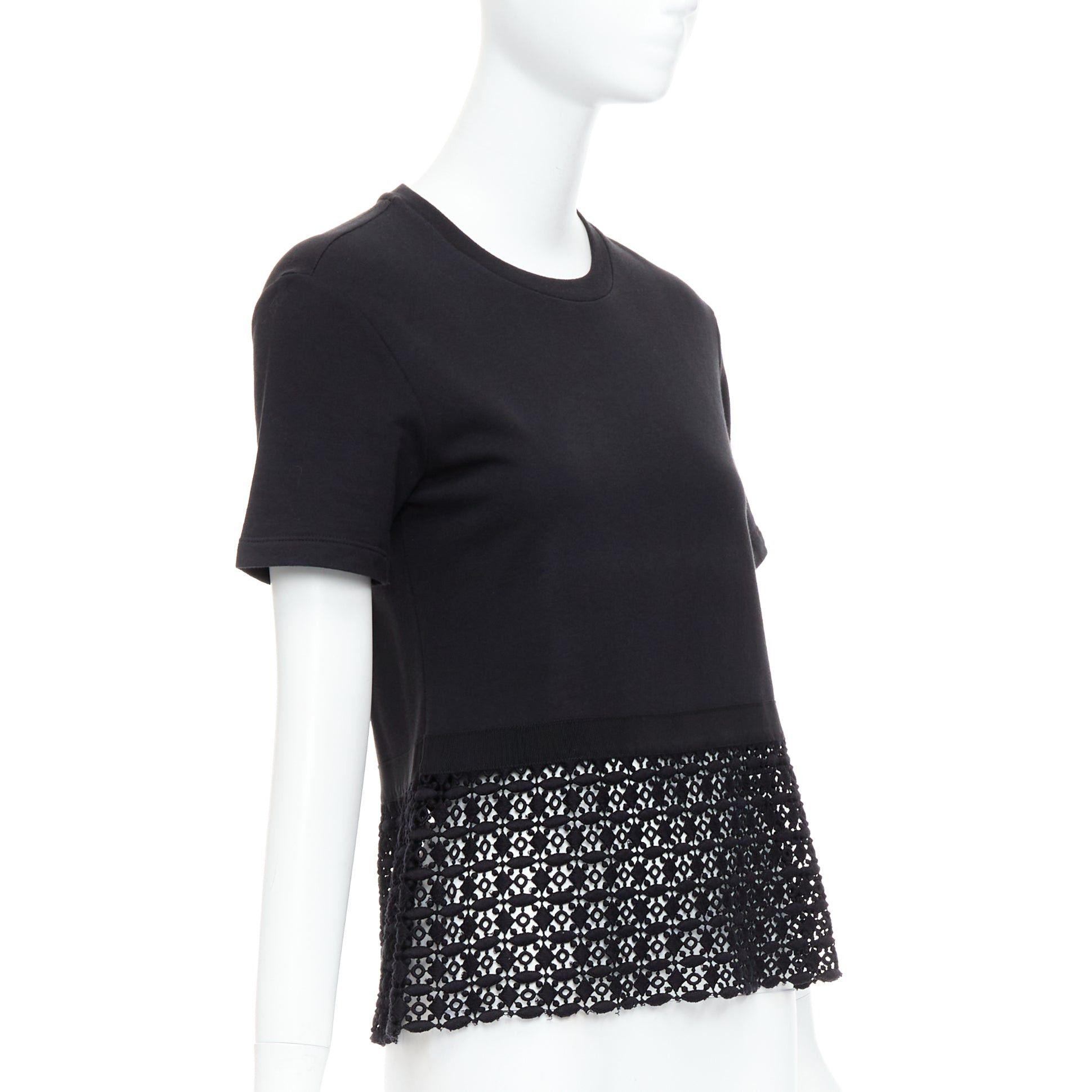 Giambattista Valli GIAMBATTISTA VALLI black cotton geometric lace hem tshirt IT38 XXS Size XS / US 0-2 / IT 36-38 - 3 Thumbnail