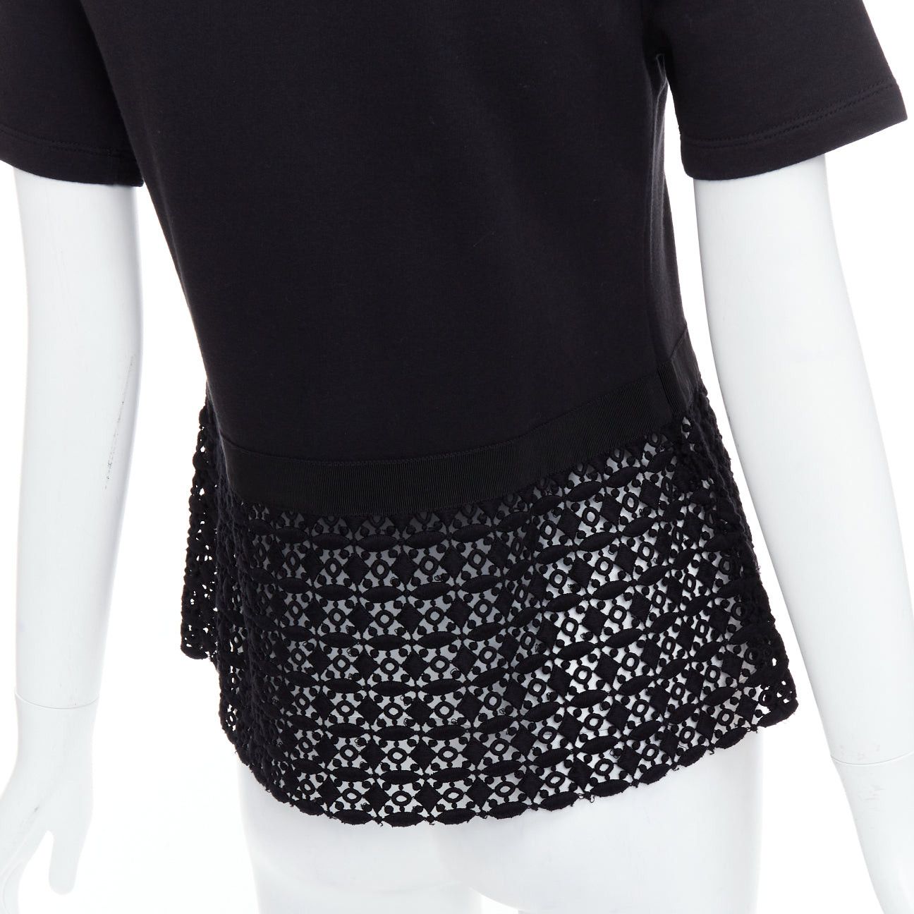 Giambattista Valli GIAMBATTISTA VALLI black cotton geometric lace hem tshirt IT38 XXS Size XS / US 0-2 / IT 36-38 - 7 Thumbnail