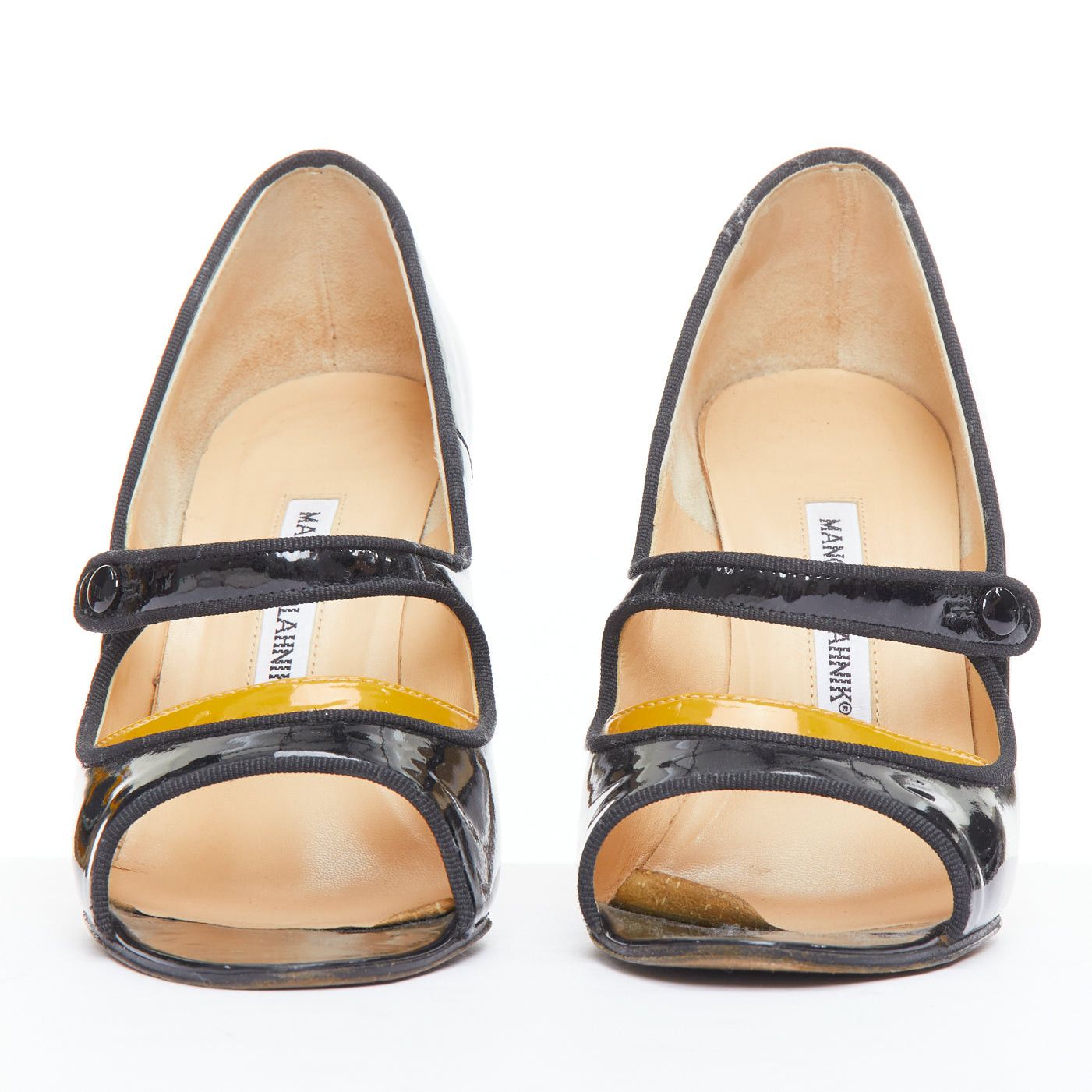 Manolo Blahnik MANOLO BLAHNIK black patent leather nude panel peep heels EU37.5 Size US 7.5 / IT 37.5 - 3 Thumbnail