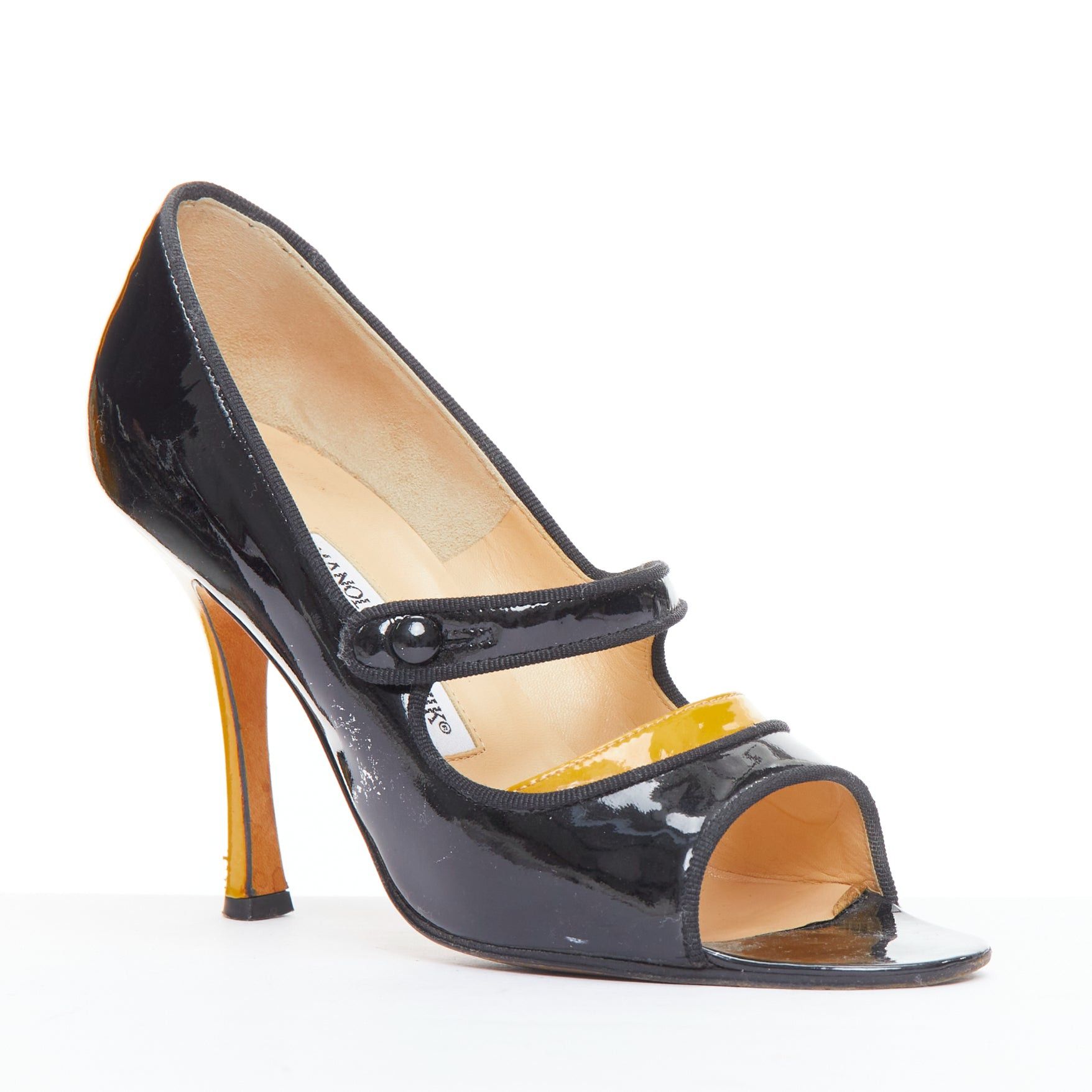 Manolo Blahnik MANOLO BLAHNIK black patent leather nude panel peep heels EU37.5 Size US 7.5 / IT 37.5 - 2 Thumbnail