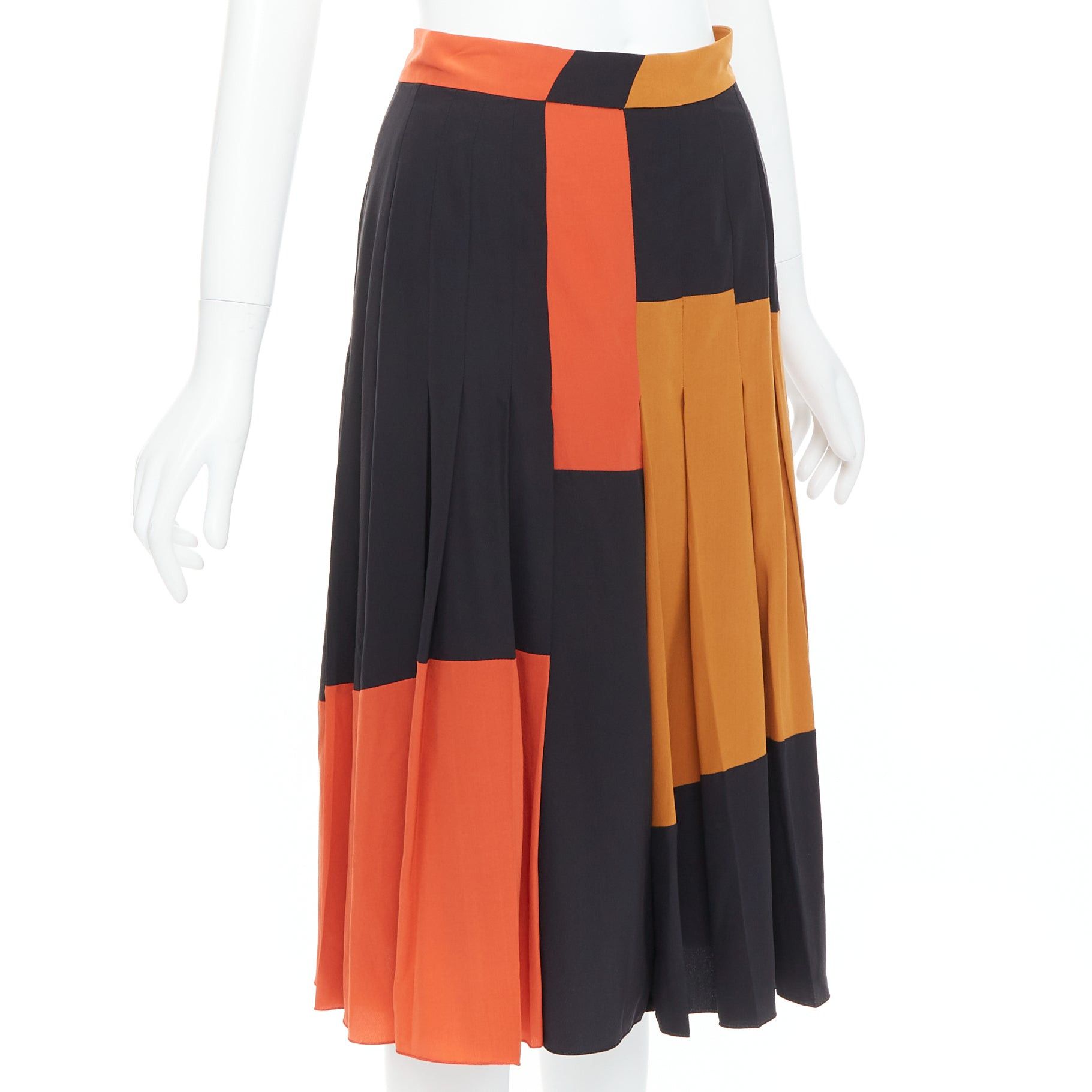 Bottega Veneta BOTTEGA VENETA 100% silk black orange brown colorblock pleated skirt IT36 XXS Size 25" / US 0 / IT 36 - 3 Thumbnail