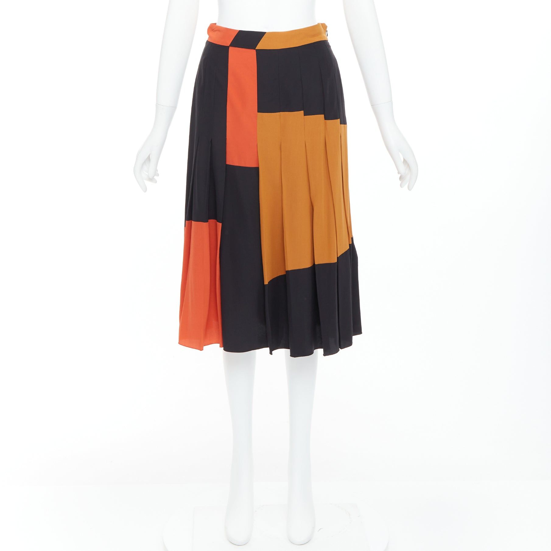 Bottega Veneta BOTTEGA VENETA 100% silk black orange brown colorblock pleated skirt IT36 XXS Size 25" / US 0 / IT 36 - 9 Thumbnail