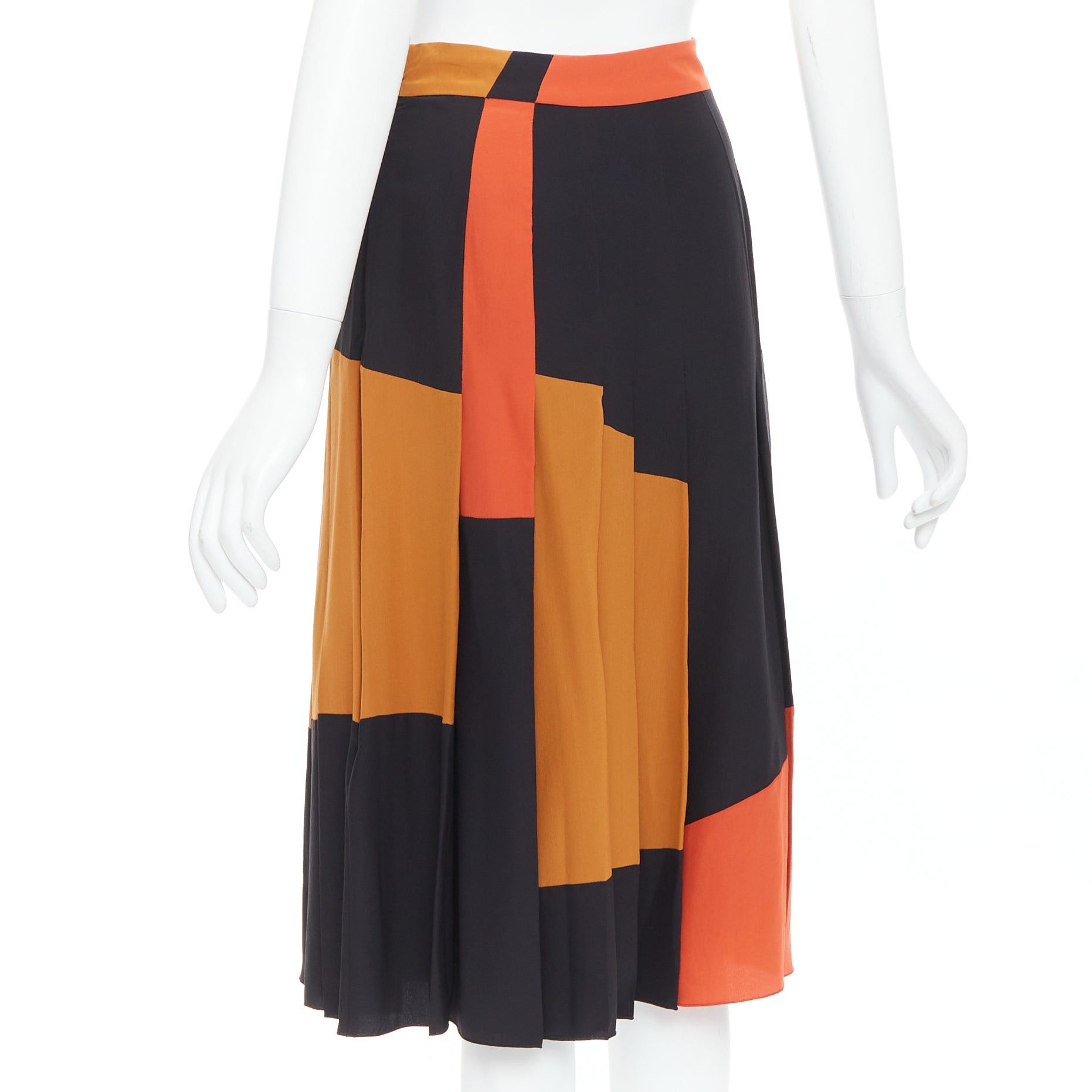 Bottega Veneta BOTTEGA VENETA 100% silk black orange brown colorblock pleated skirt IT36 XXS Size 25" / US 0 / IT 36 - 6 Thumbnail