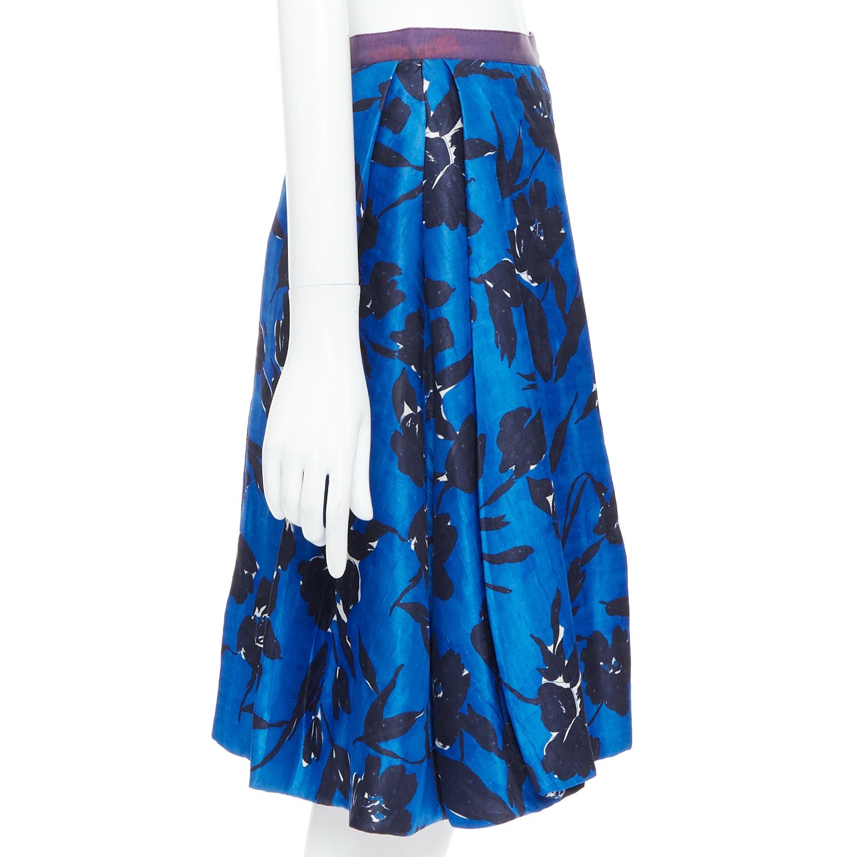 Oscar De La Renta OSCAR DE LA RENTA S07 blue black silk cotton floral print full midi skirt US2 S Size 27" / US 4 / IT 40 - 4 Thumbnail